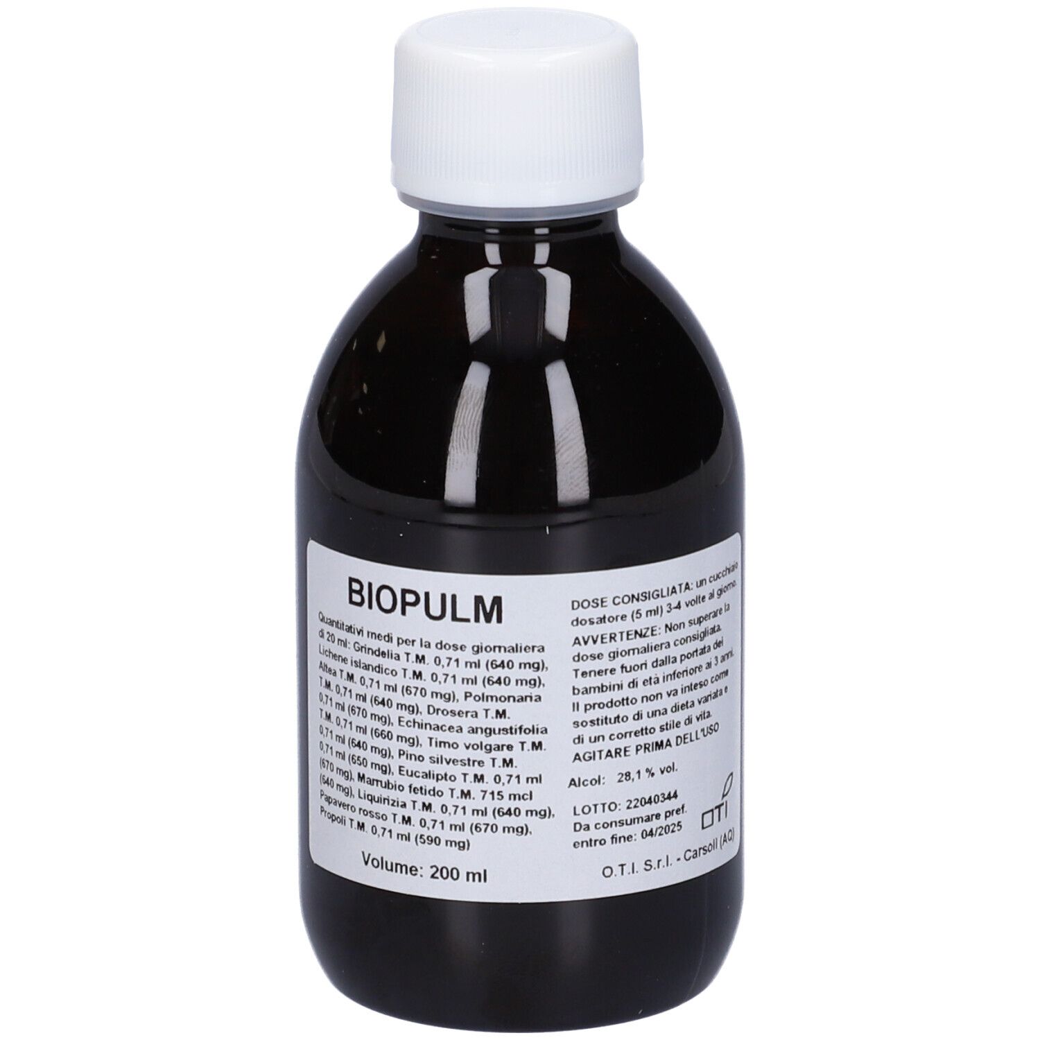 Flacone marrone con tappo bianco. Etichetta con nome del prodotto e ingredienti. Volume: 200 ml.