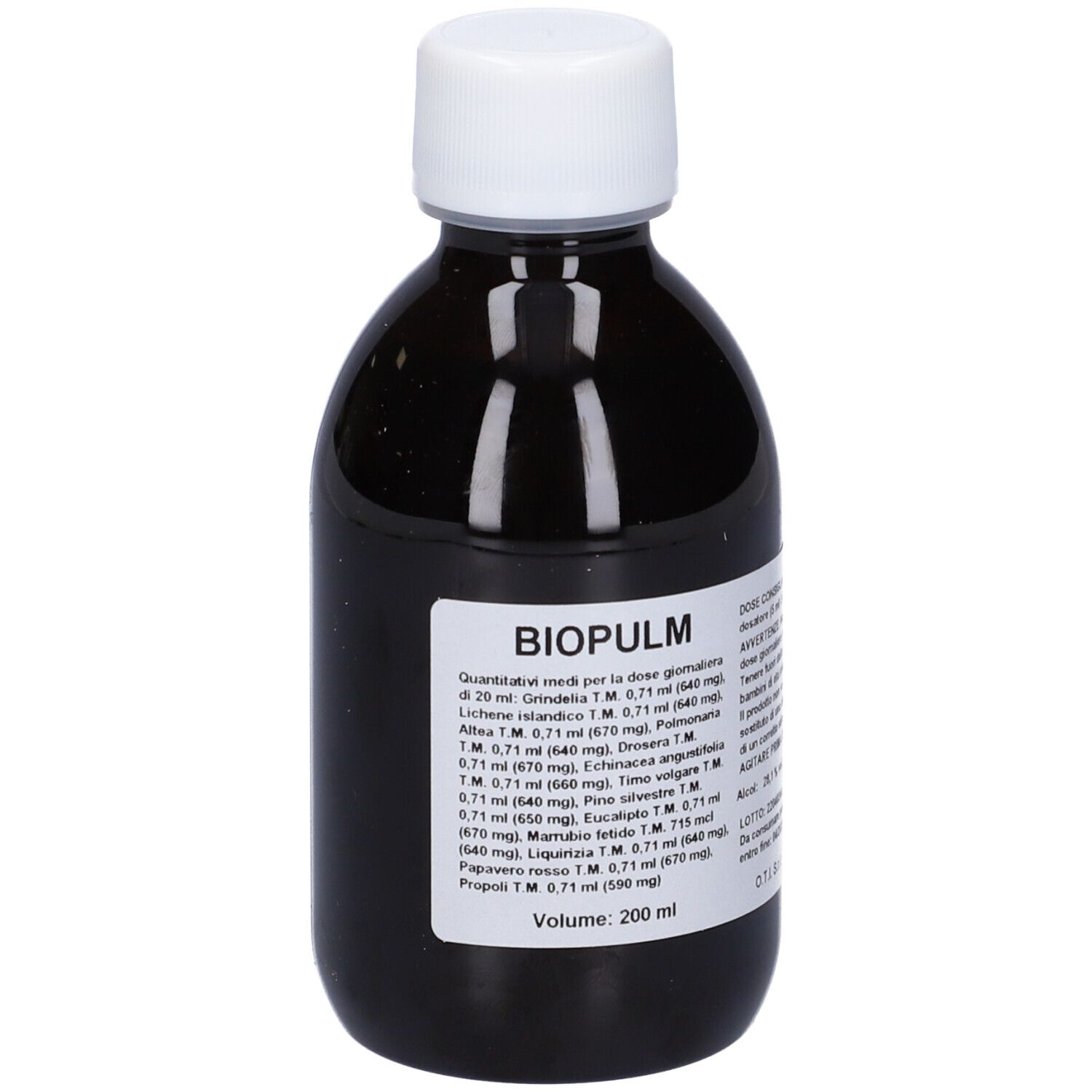 Flacone marrone con tappo bianco. Etichetta con nome del prodotto e ingredienti. Volume: 200 ml.
