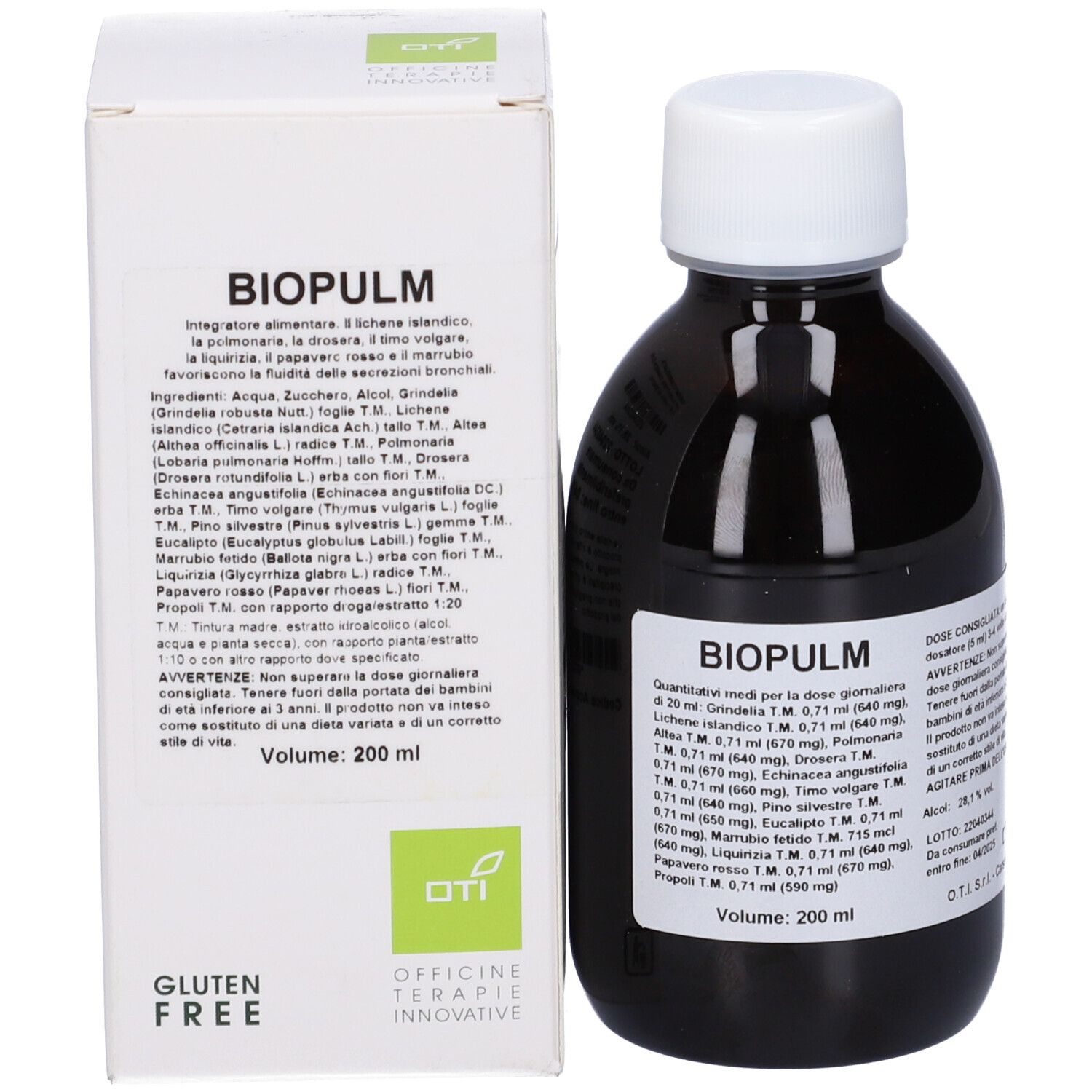 Flacone marrone e scatola. Flacone con etichetta, scatola con testo e logo. Volume: 200 ml.