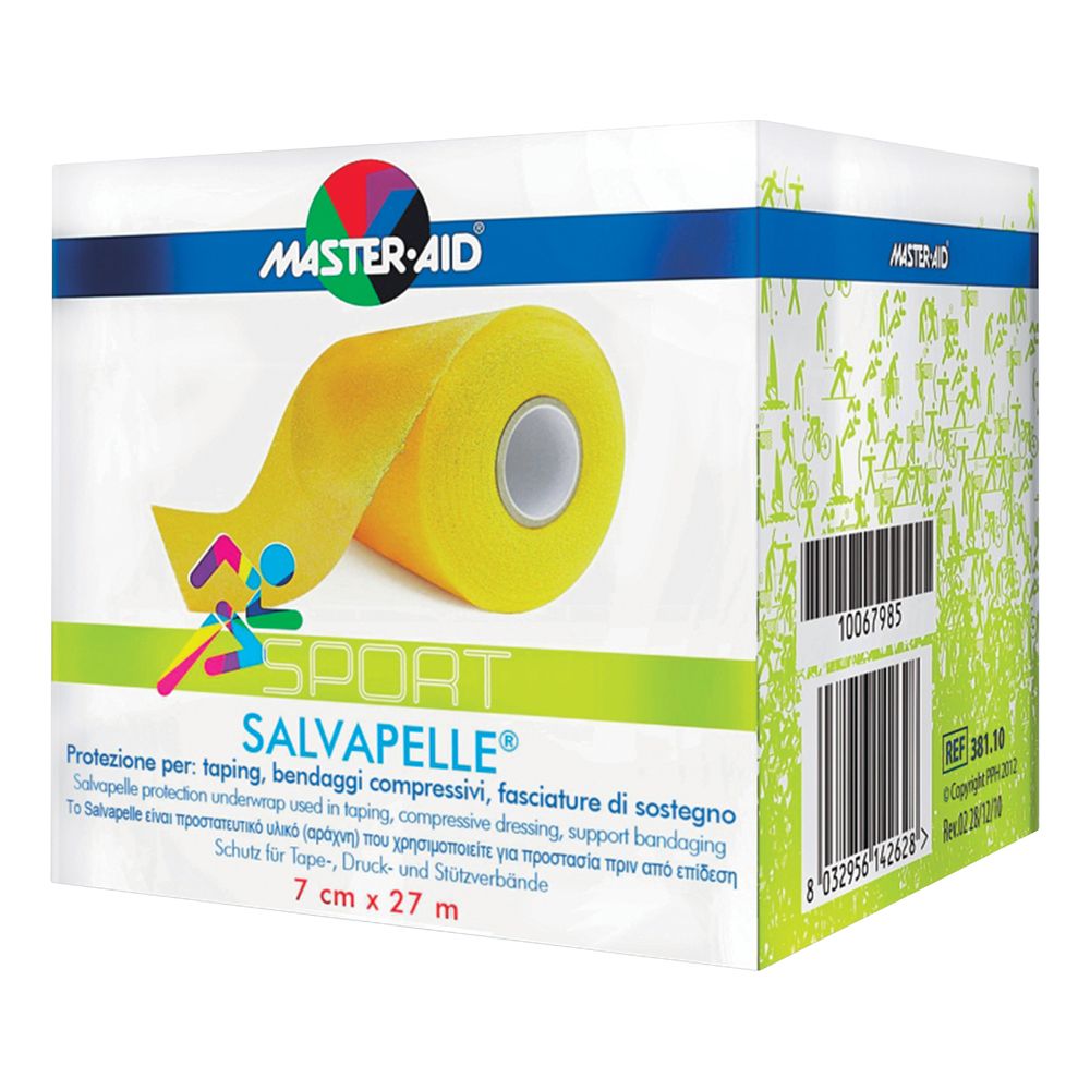 Confezione Master•aid Sport Salvapelle. Nastro giallo arrotolato. Scritta: 7 cm x 27 m.