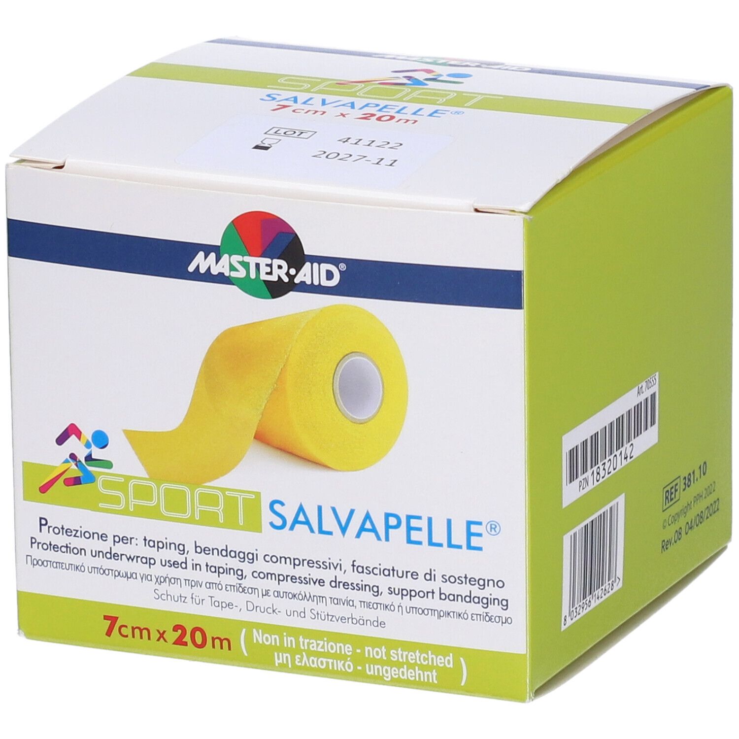 Confezione Master•aid Sport Salvapelle. Nastro giallo arrotolato. Scritta: 7 cm x 20 m.