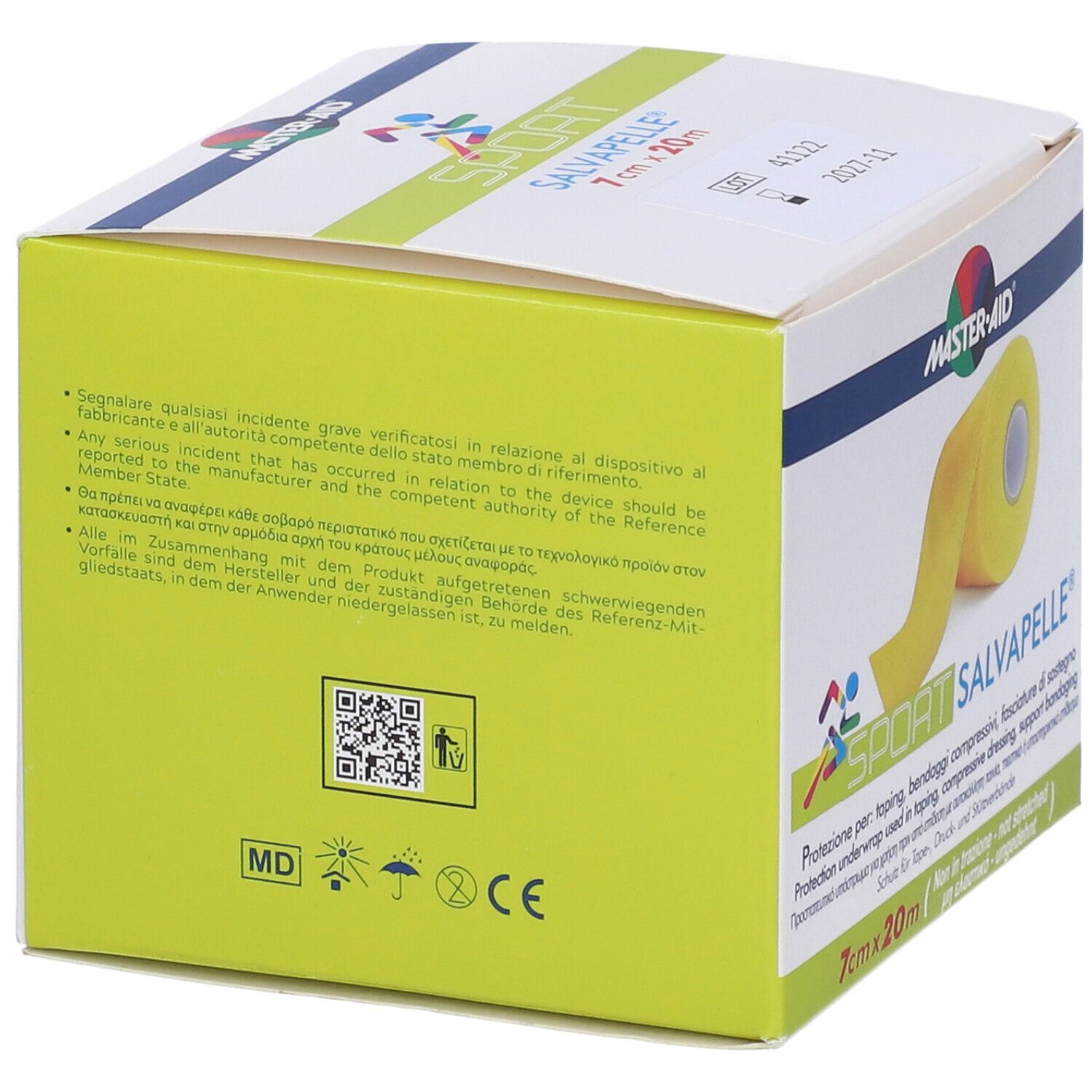 Retro confezione Master•aid Sport Salvapelle. Testo e codice QR. Marchio CE.