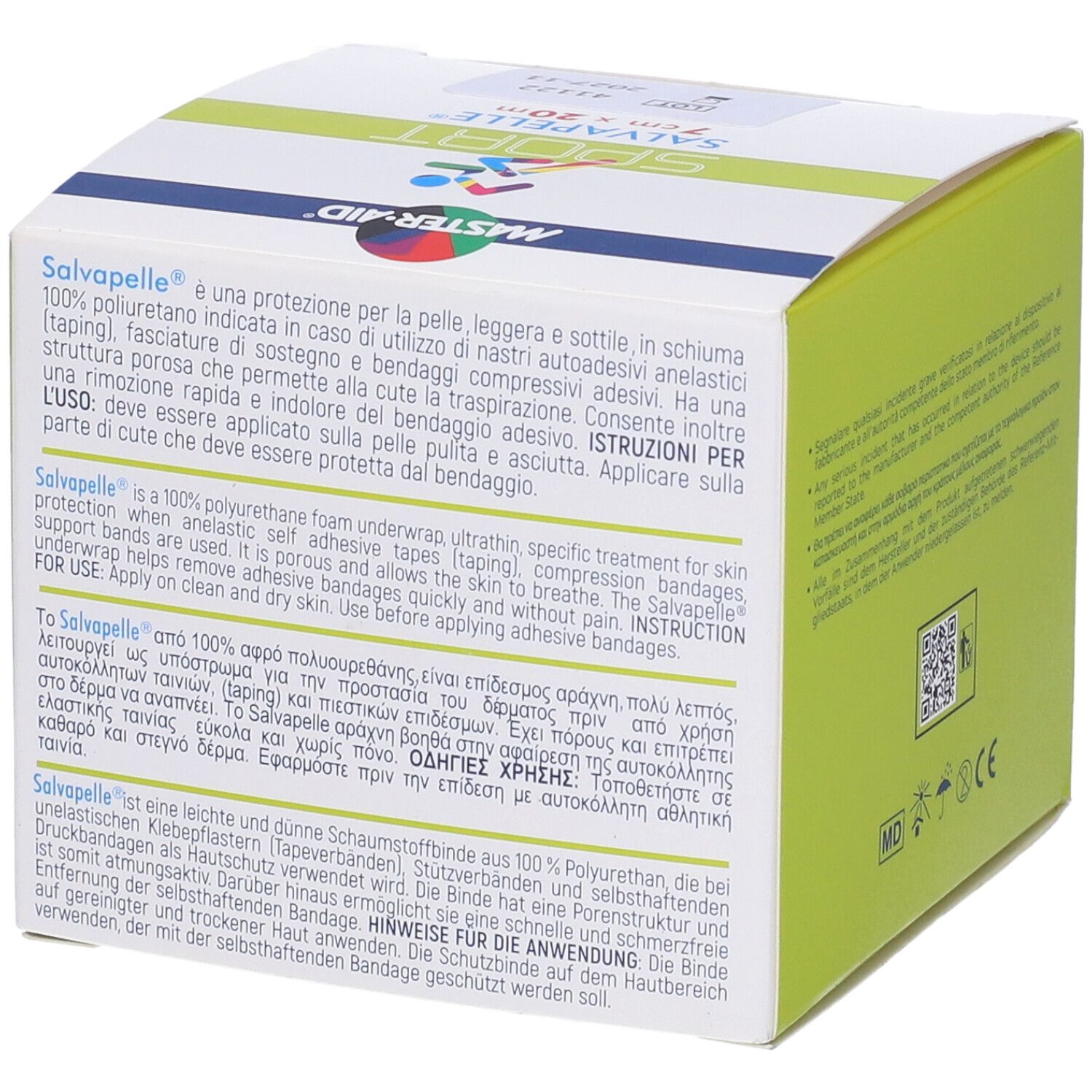 Lato confezione Master•aid Sport Salvapelle. Testo multilingue. Simbolo MD.