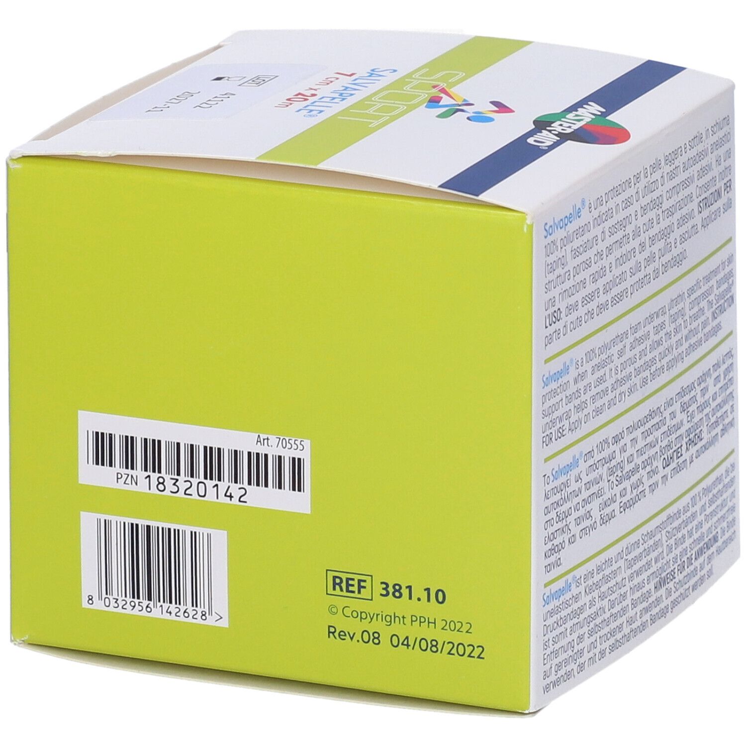 Lato confezione Master•aid Sport Salvapelle. Codice a barre, riferimento e informazioni copyright.