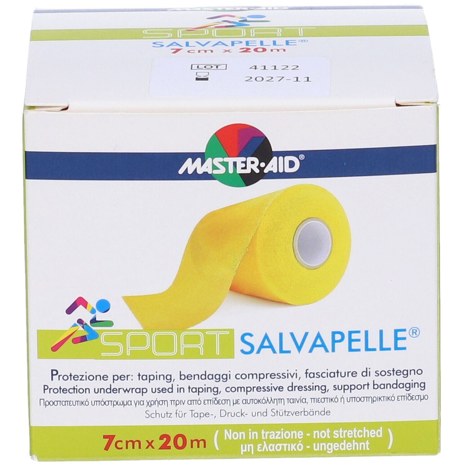 Confezione Master•aid Sport Salvapelle. Nastro giallo arrotolato. Scritta: 7 cm x 20 m.