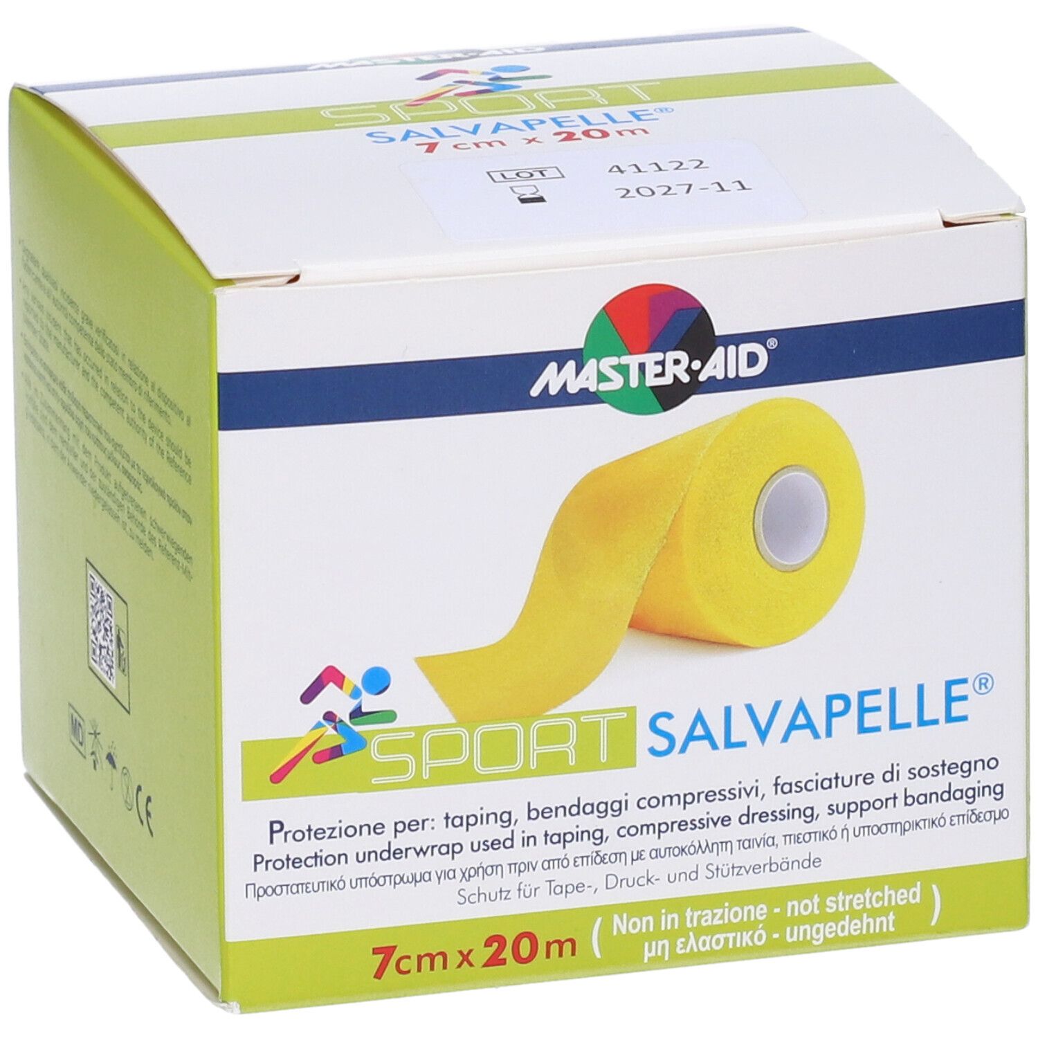Confezione Master•aid Sport Salvapelle. Nastro giallo arrotolato. Scritta: 7 cm x 20 m.