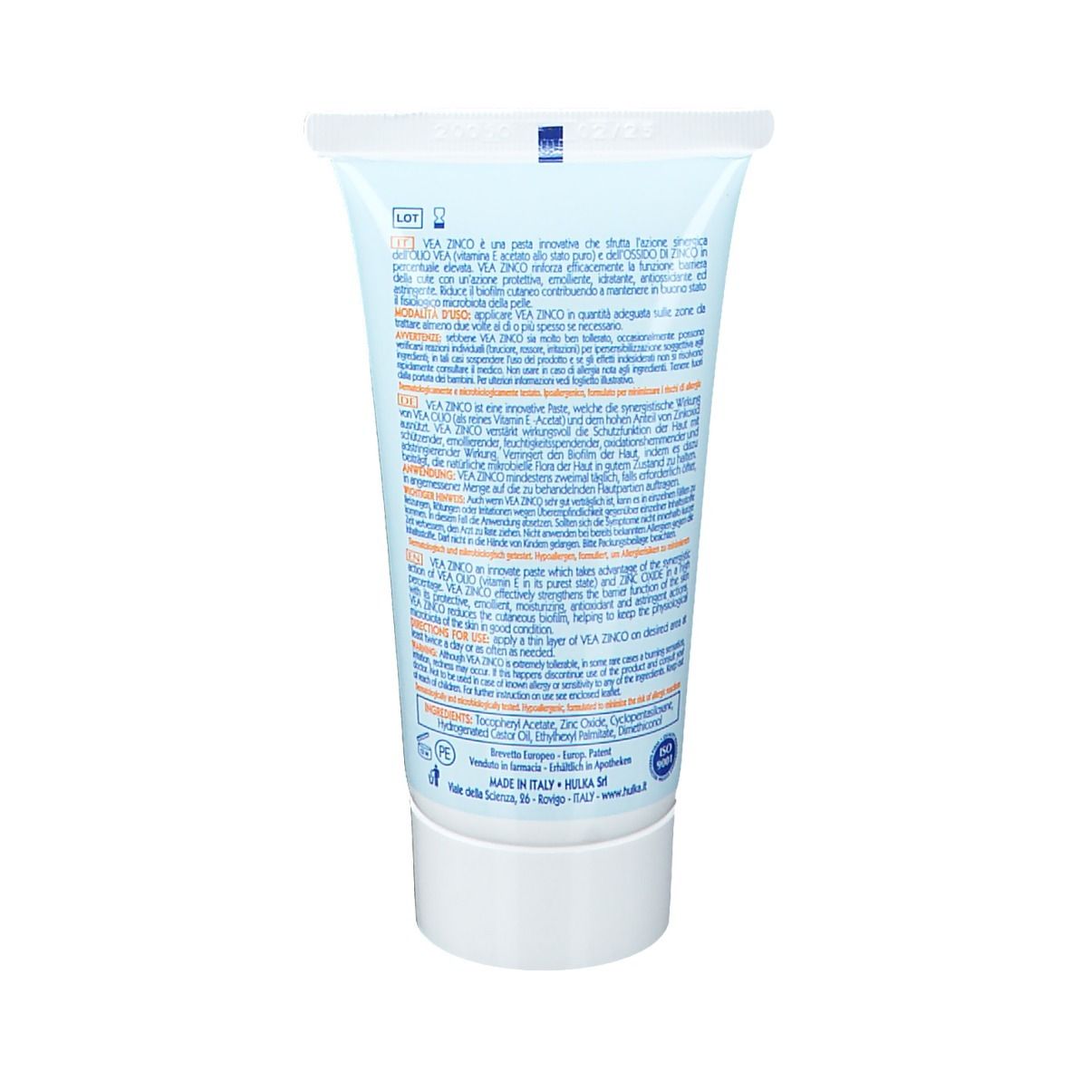 Dos du tube VEA ZINCO. Texte multilingue. Informations fabricant et code-barres.