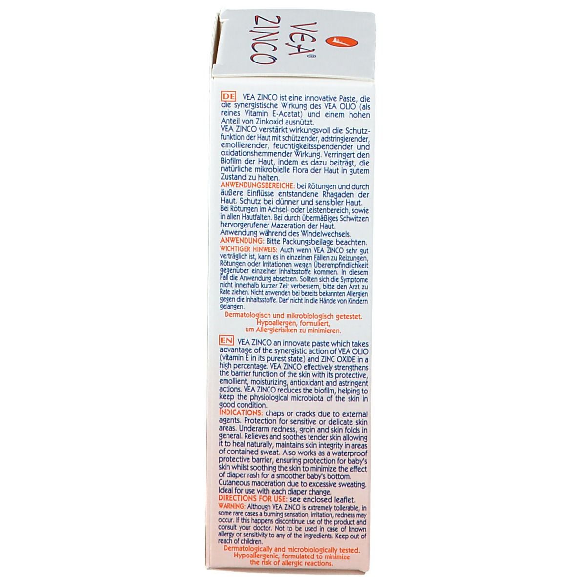 Dos de l'emballage VEA ZINCO. Texte multilingue. Description et utilisation du produit.