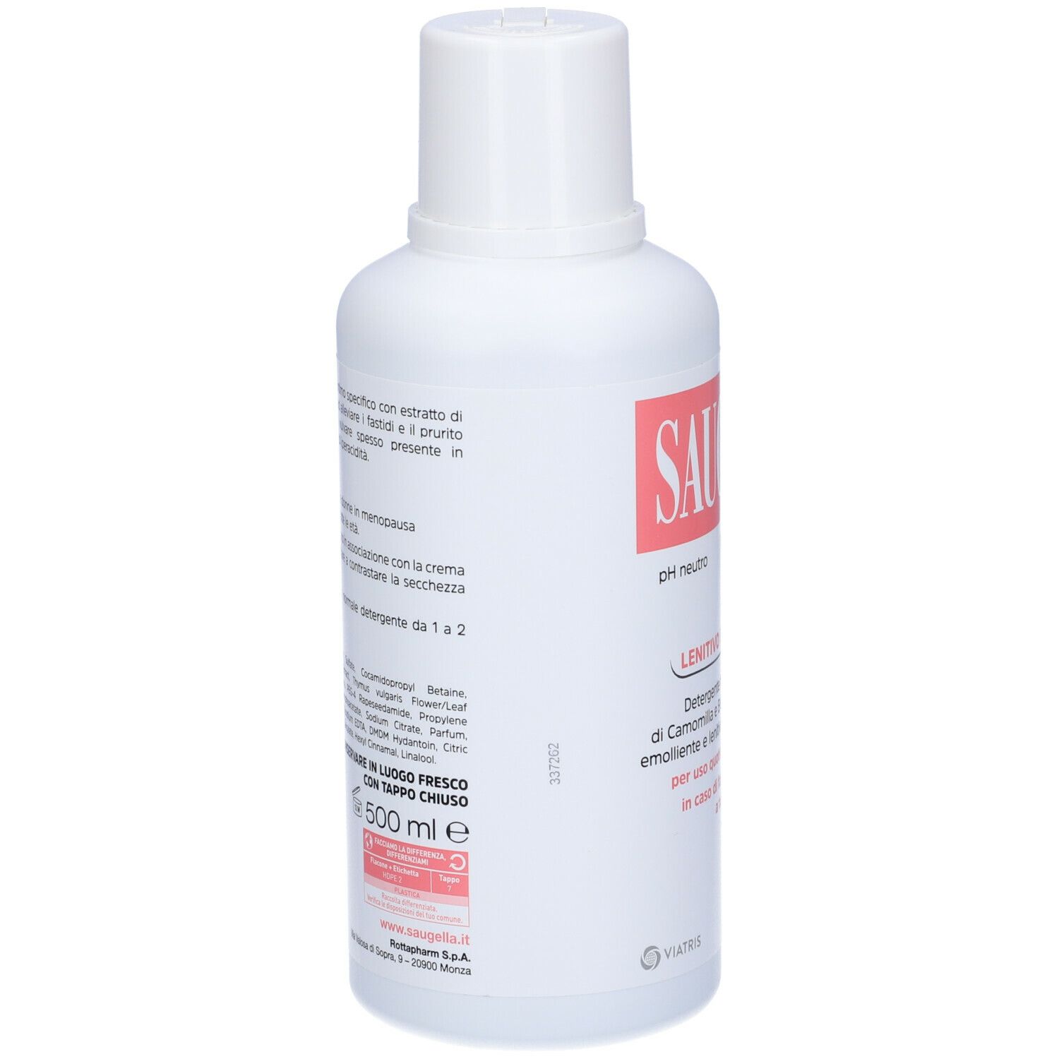 Flacone bianco con etichetta rossa. Scritta: Saugella poligyn pH neutro. Testo sottostante.