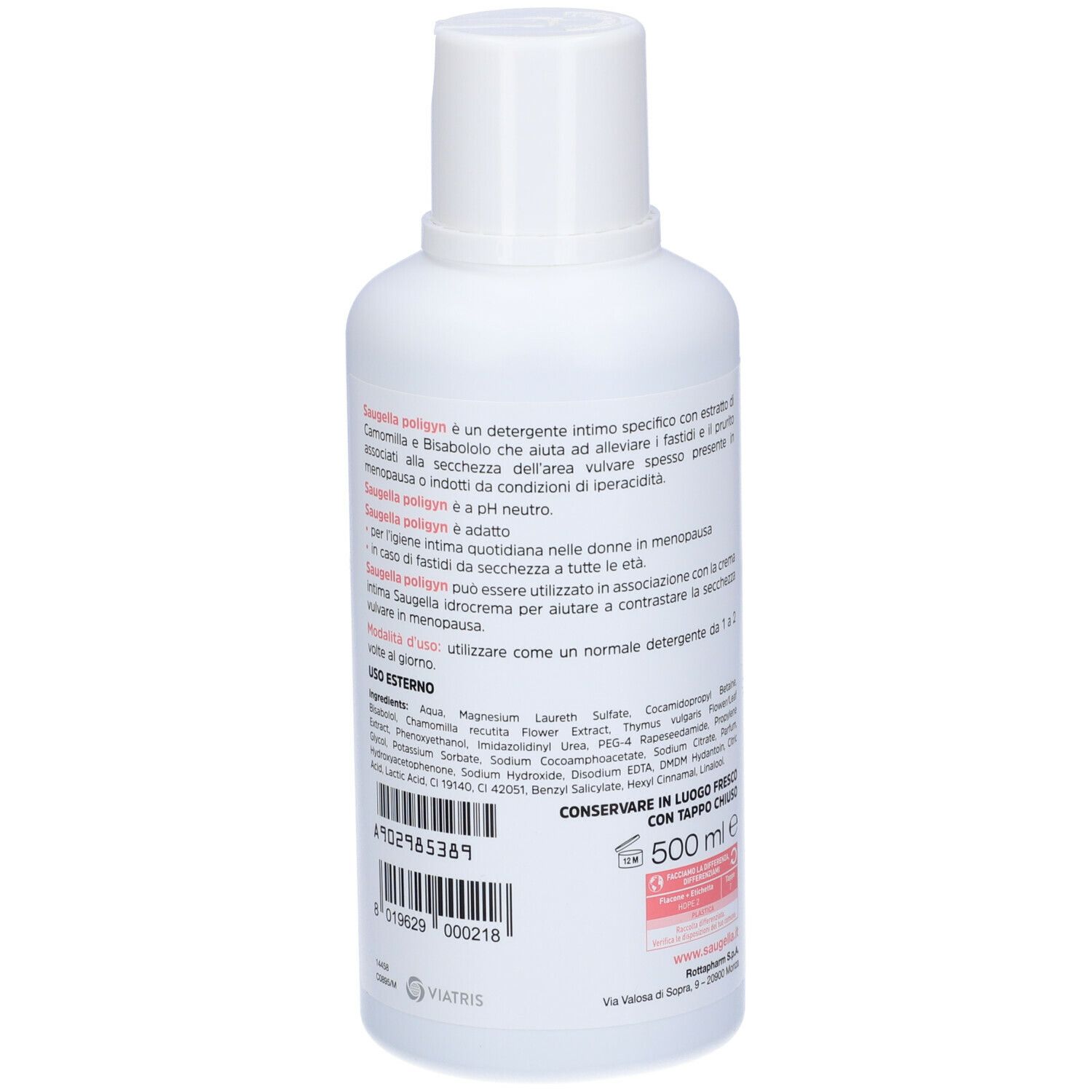 Flacone bianco con etichetta rossa. Scritta: Saugella poligyn pH neutro. Testo sottostante.