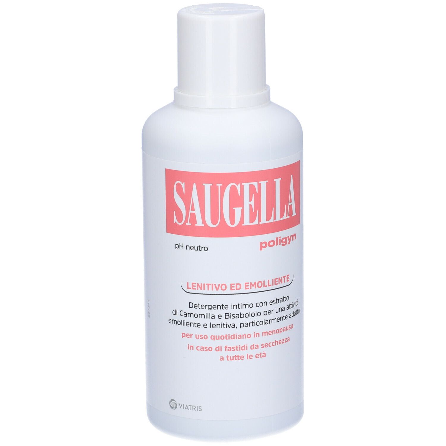 Flacone bianco con etichetta rossa. Scritta: Saugella poligyn pH neutro. Testo sottostante.