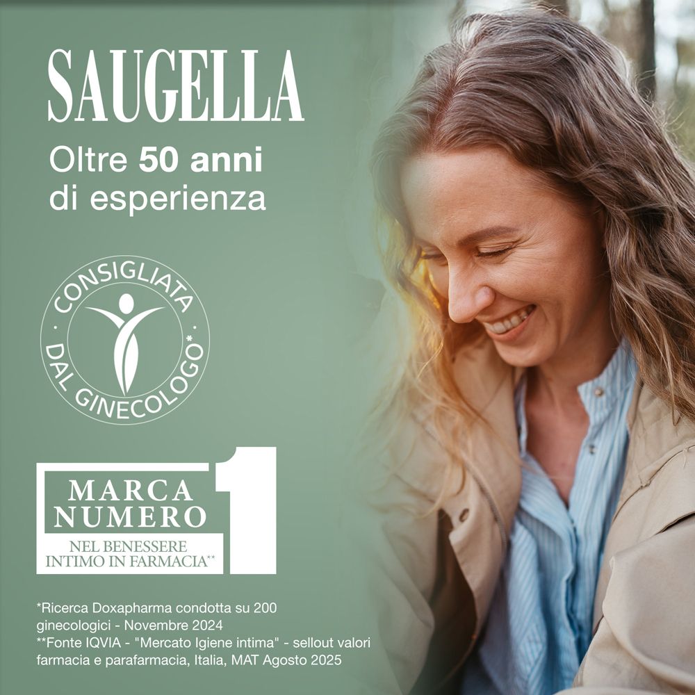 Frau lächelt, Saugella Logo, "Von Gynäkologen empfohlen", "Marke Nummer 1 für Intimpflege in Apotheken".