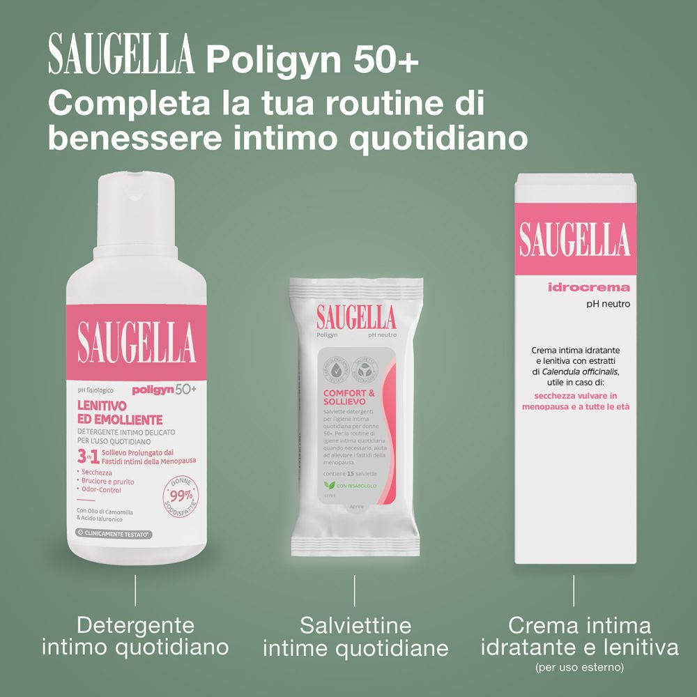 SAUGELLA Polygyn 50+ Beruhigendes und pflegendes Intimwaschmittel in weißer Flasche mit rosa Etikett.