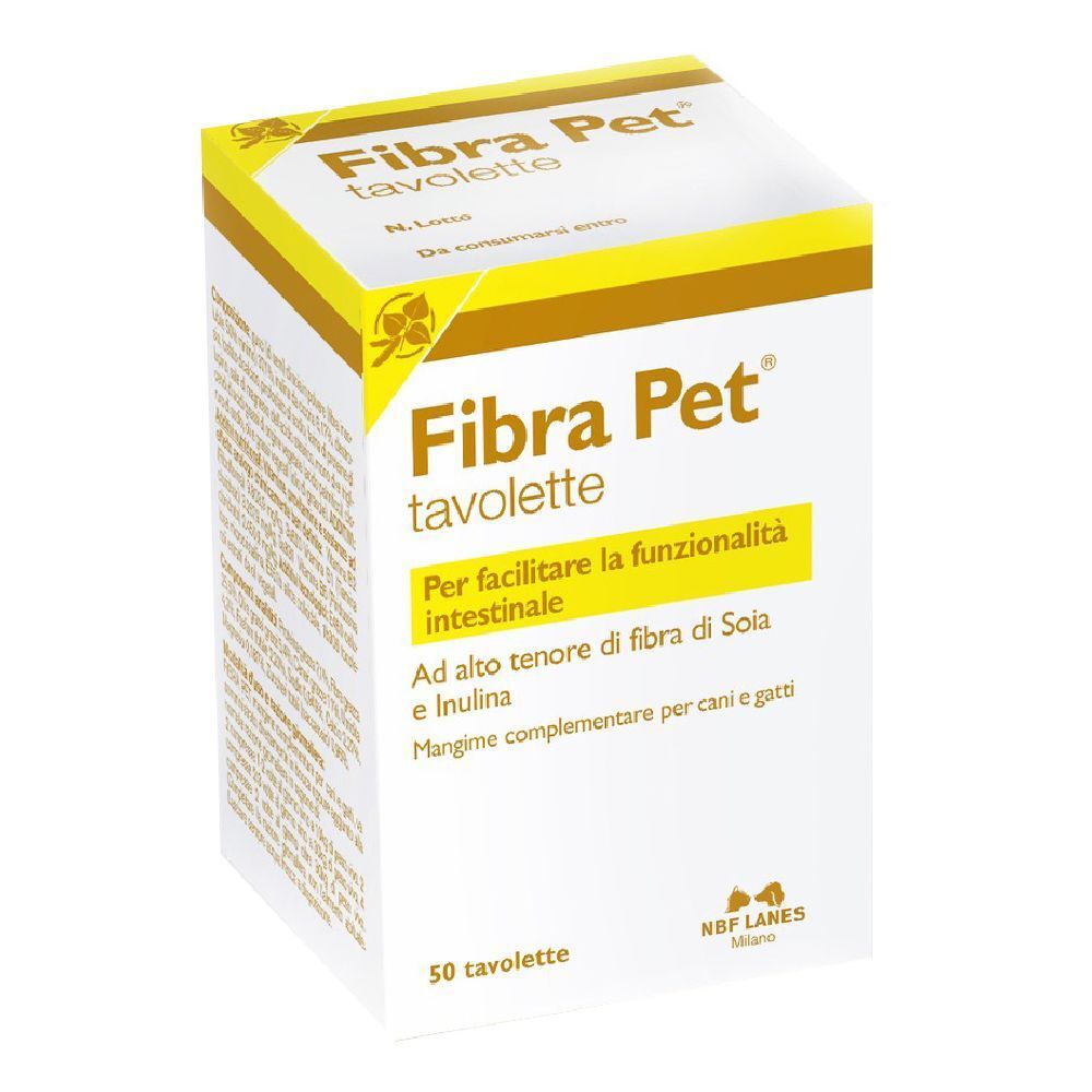 Scatola bianca e gialla. Scritto: Fibra Pet tavolete. 50 compresse.
