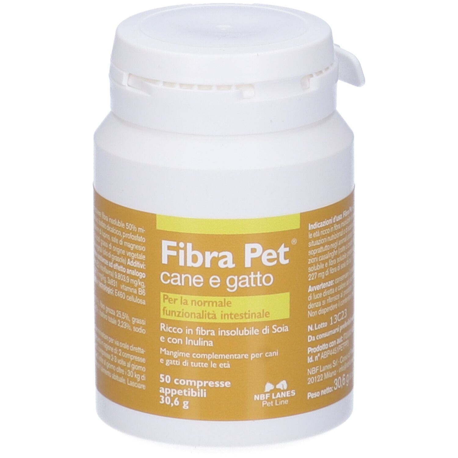 Flacone bianco con etichetta gialla. Scritto: Fibra Pet cane e gatto. 50 compresse.