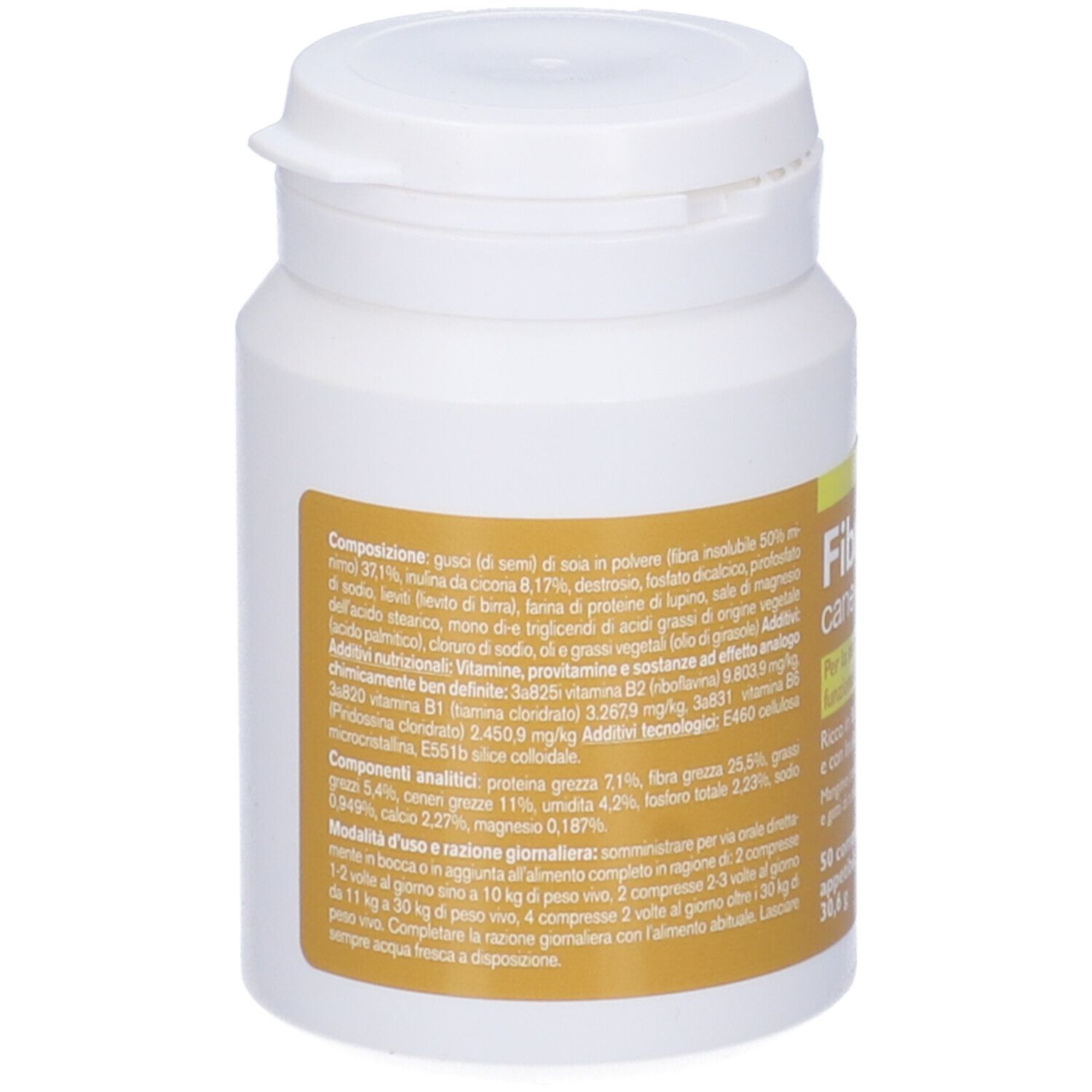 Flacone bianco con etichetta gialla. Dettaglio ingredienti e valori nutrizionali.