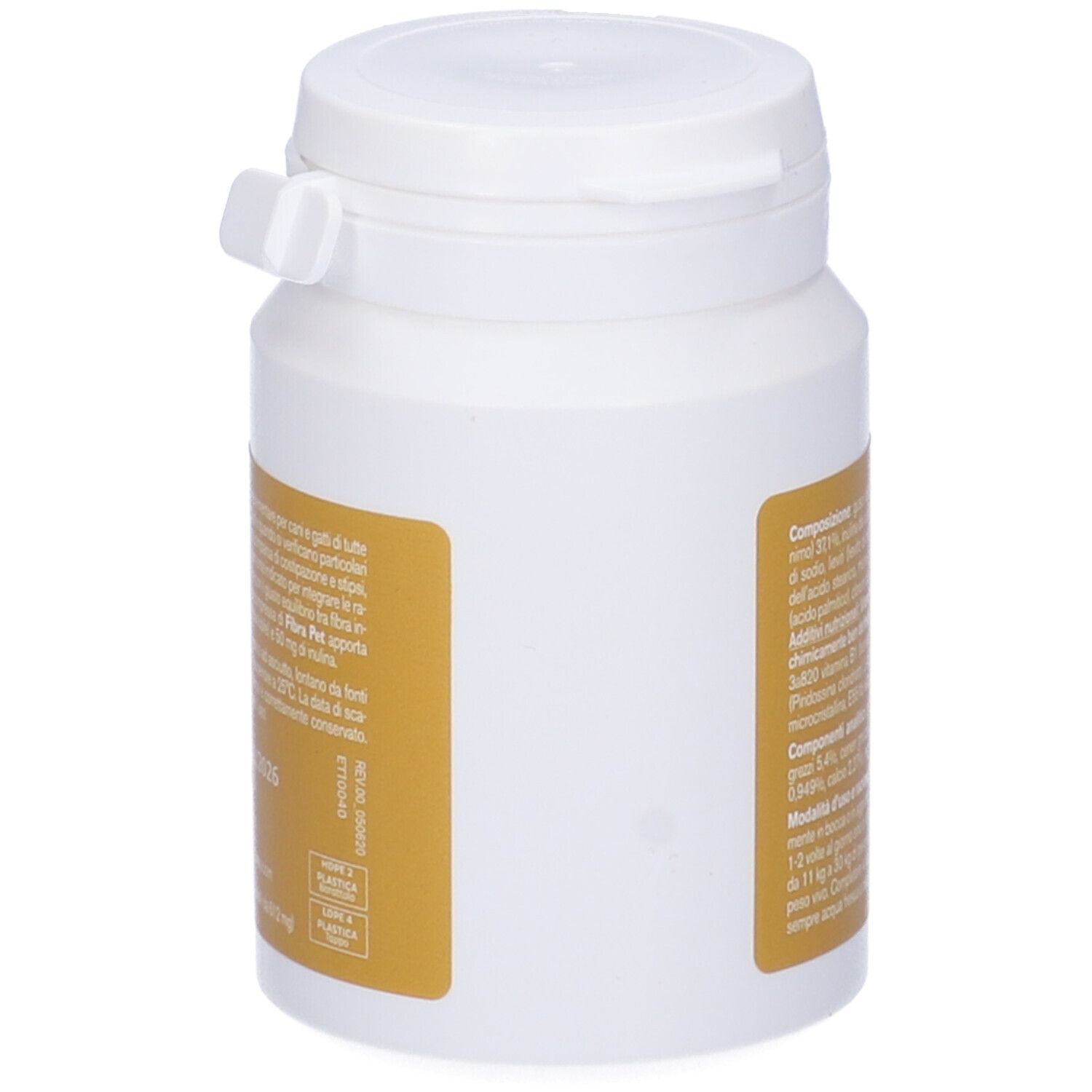 Flacone bianco con etichetta gialla. Vista laterale con testo.
