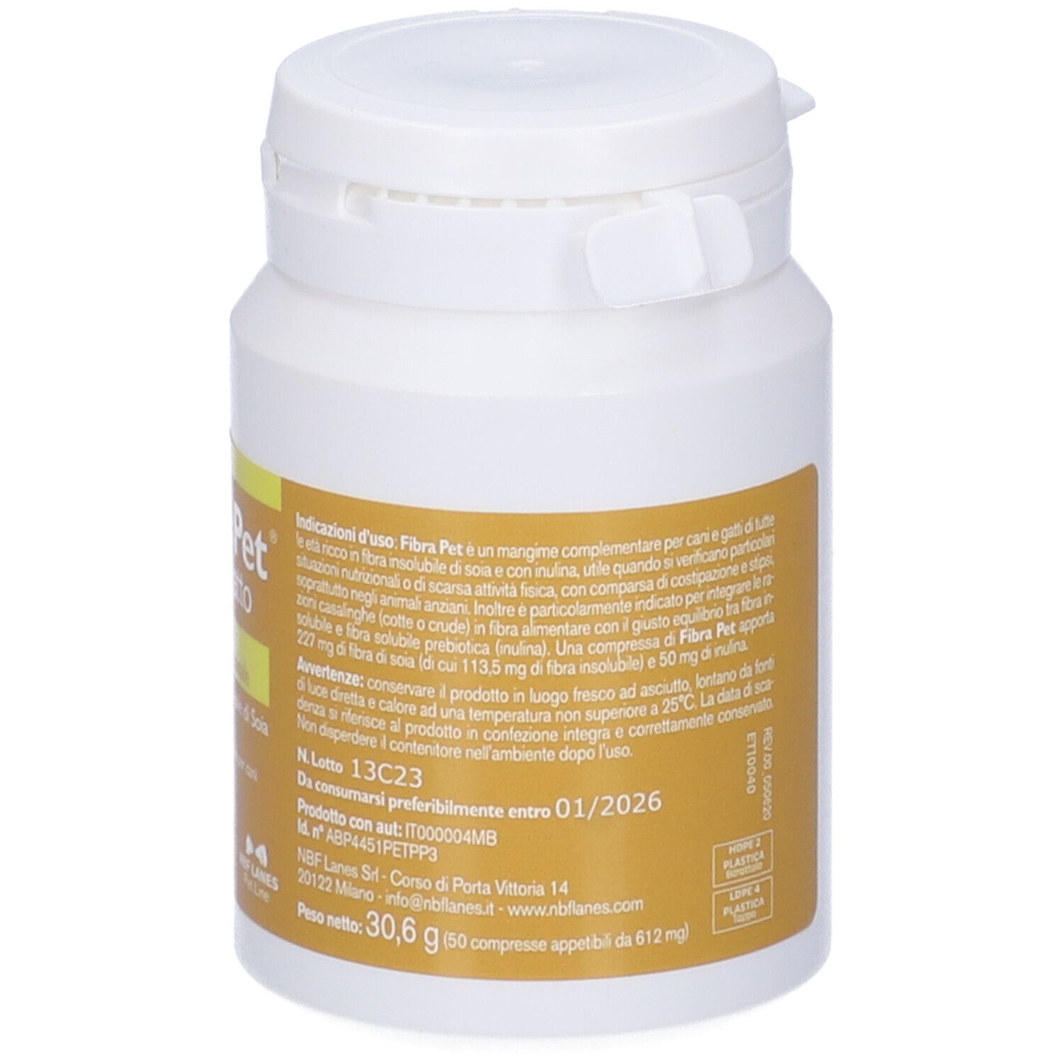 Flacone bianco con etichetta gialla. Dettaglio con testo e data di scadenza.