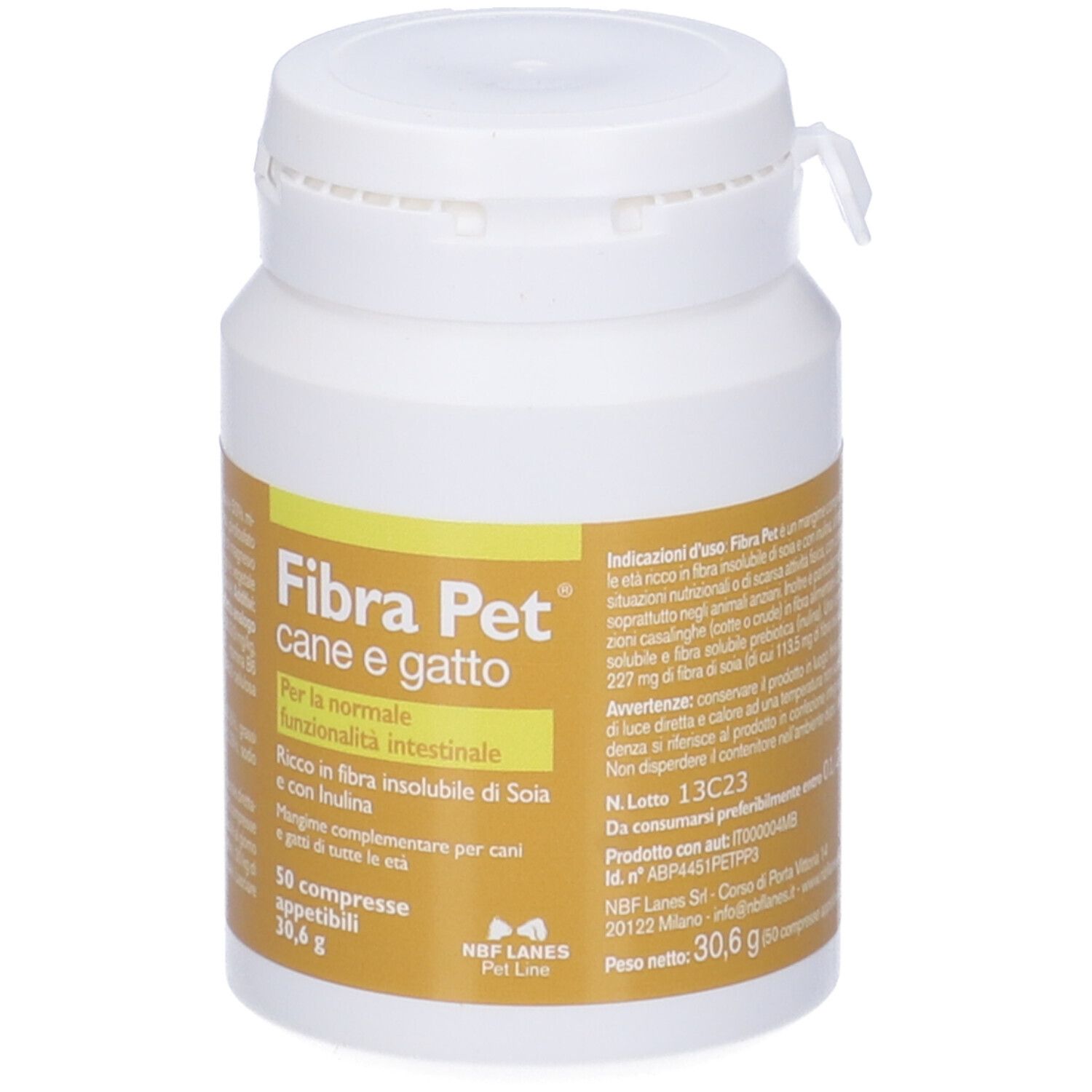 Flacone bianco con etichetta gialla. Scritto: Fibra Pet cane e gatto. 50 compresse.