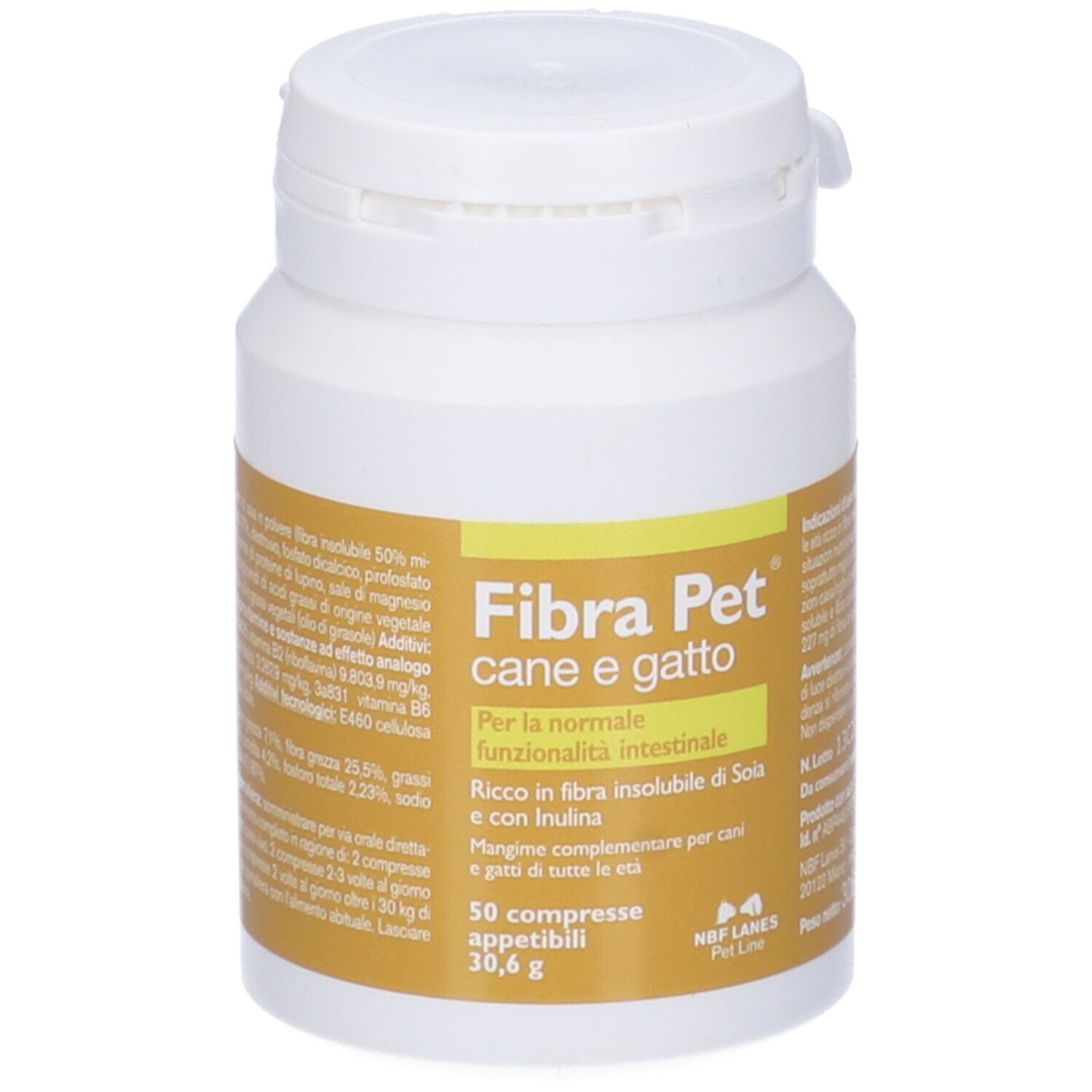 Flacone bianco con etichetta gialla. Scritto: Fibra Pet cane e gatto. 50 compresse.