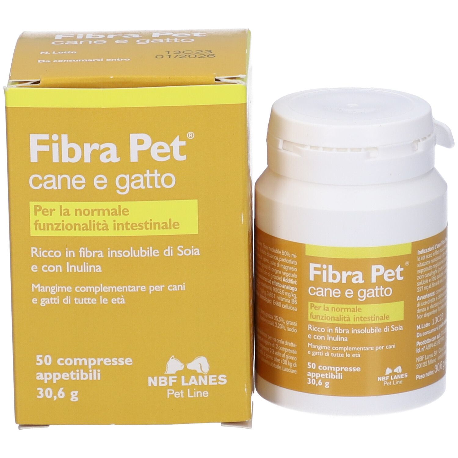 Confezione del prodotto: Flacone bianco e scatola gialla. Scritto: Fibra Pet cane e gatto. 50 compresse.