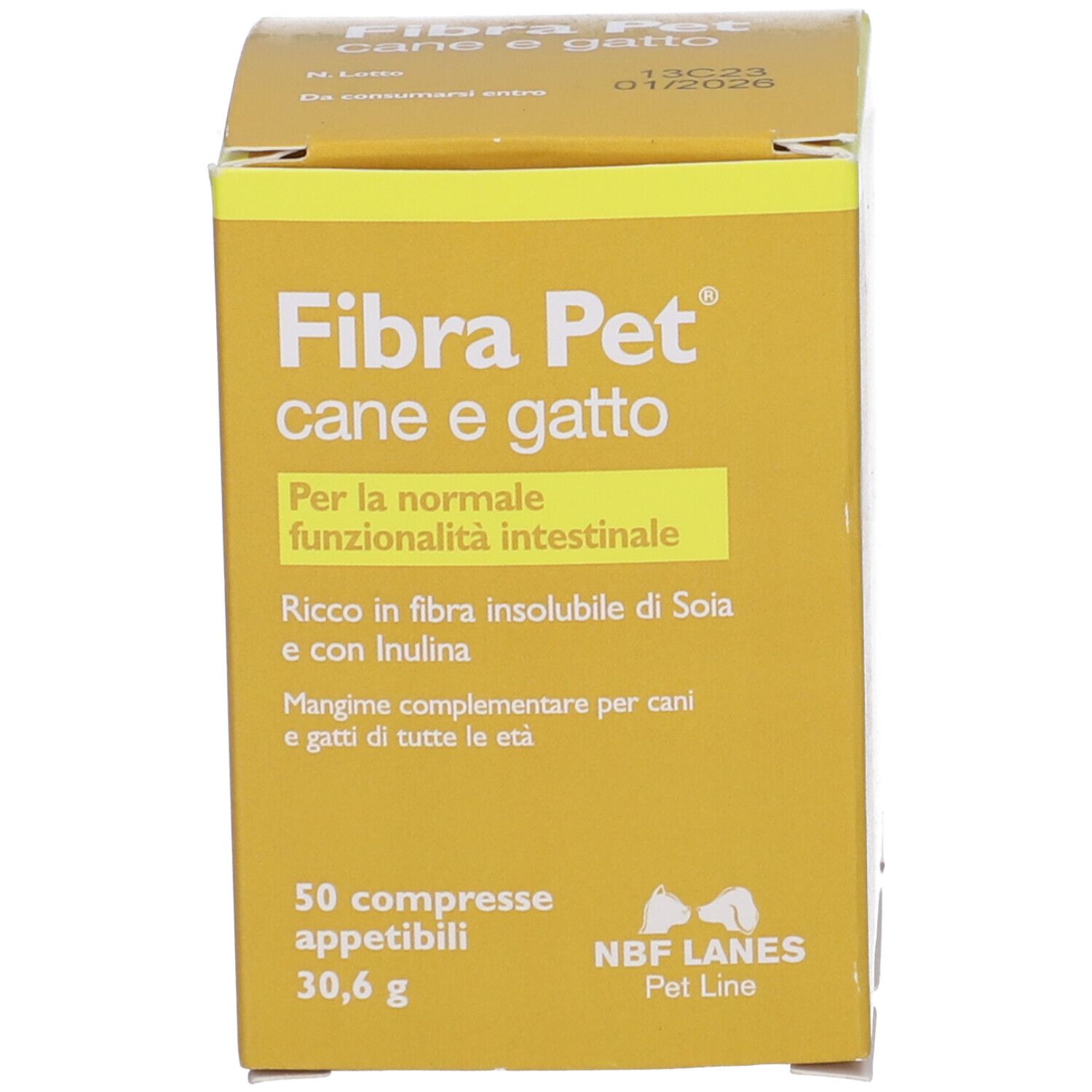 Scatola gialla. Scritto: Fibra Pet cane e gatto. 50 compresse.
