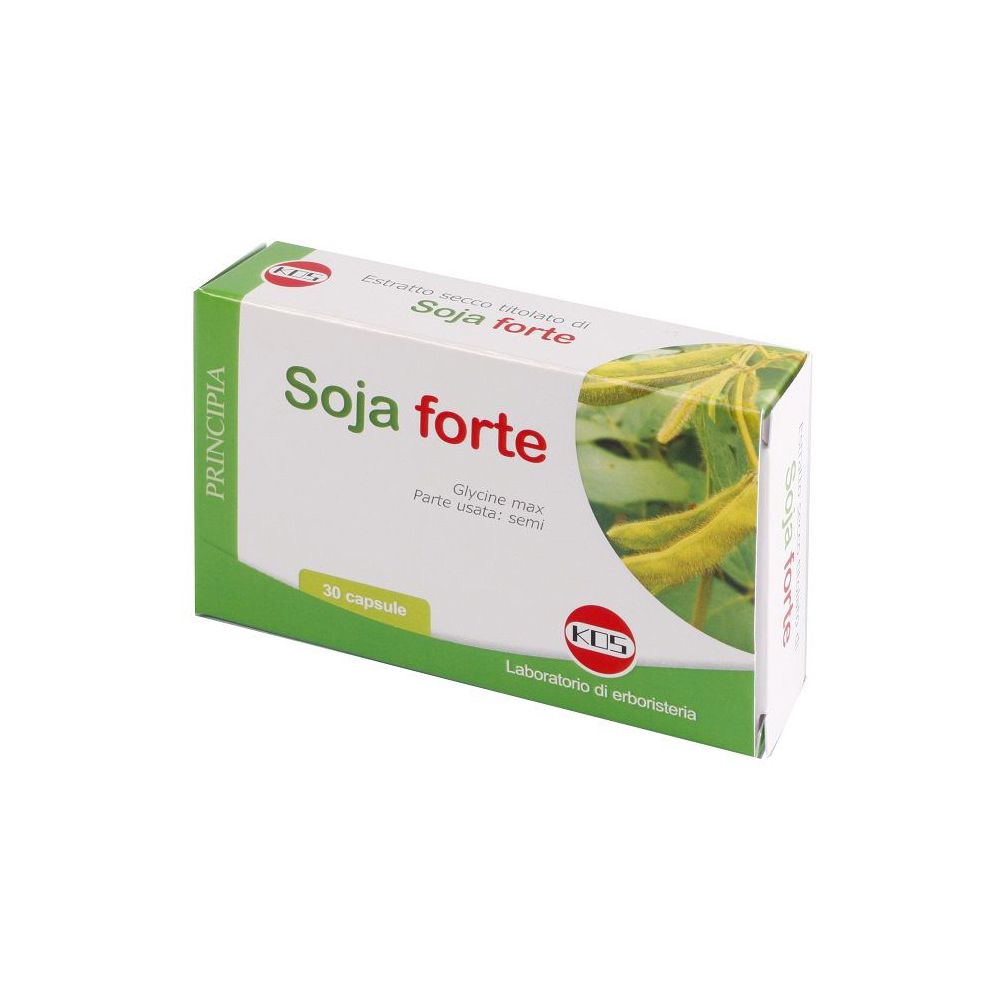 Confezione di capsule KOS Soja Forte. Scatola verde e bianca con nome del prodotto e 30 capsule. Immagine di semi di soia.