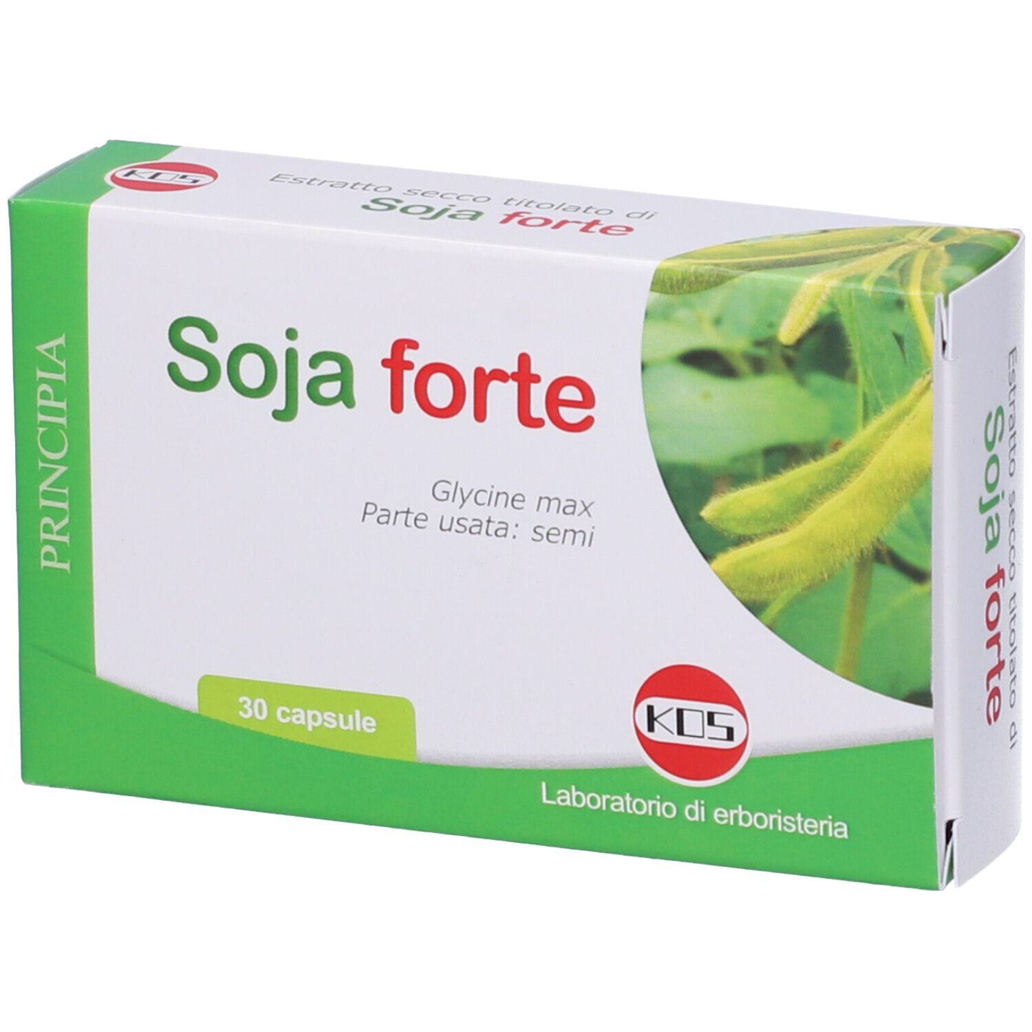 Confezione di capsule KOS Soja Forte. Scatola verde e bianca con nome del prodotto e 30 capsule. Immagine di semi di soia.