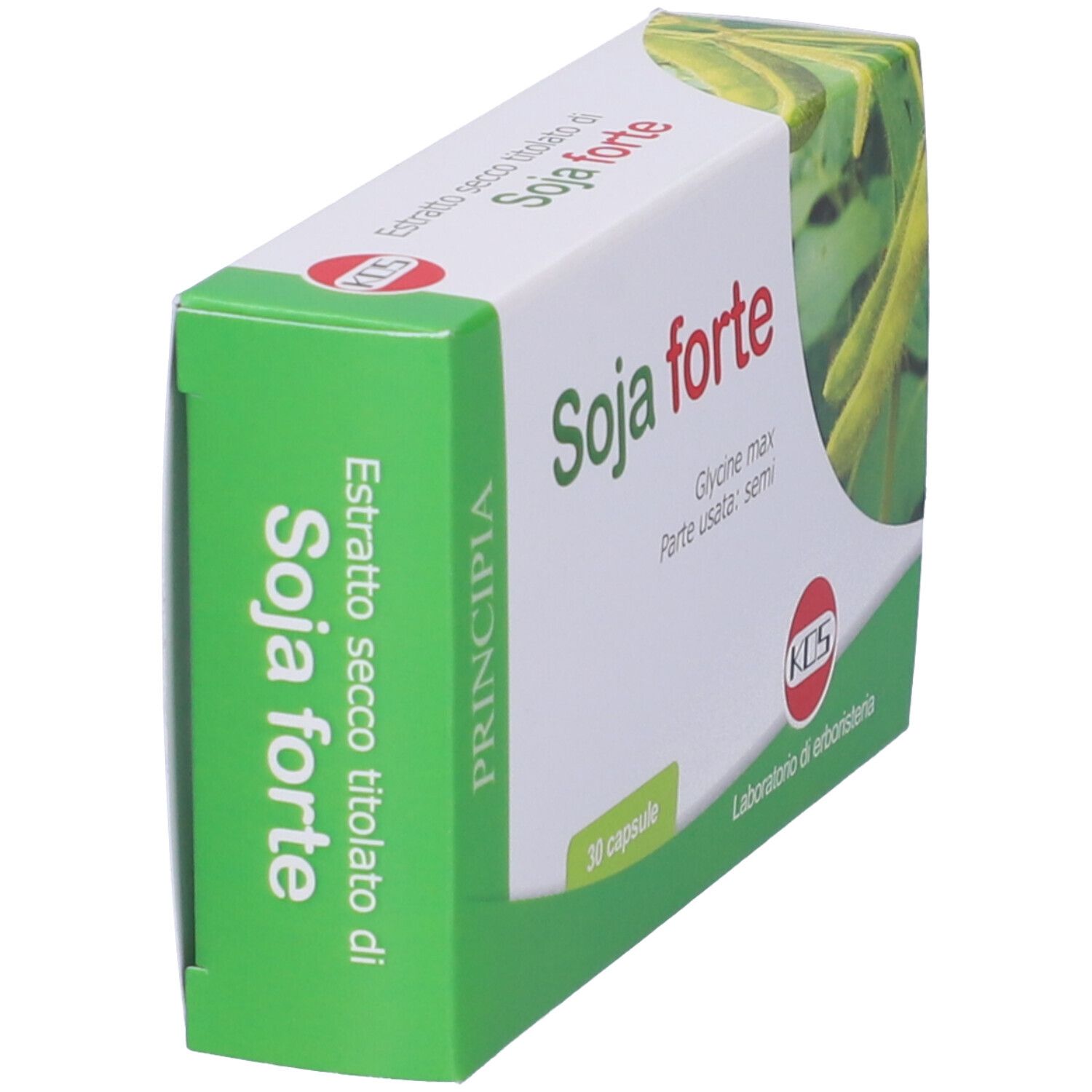 Confezione di capsule KOS Soja Forte. Scatola verde e bianca con nome del prodotto e 30 capsule. Immagine di semi di soia.