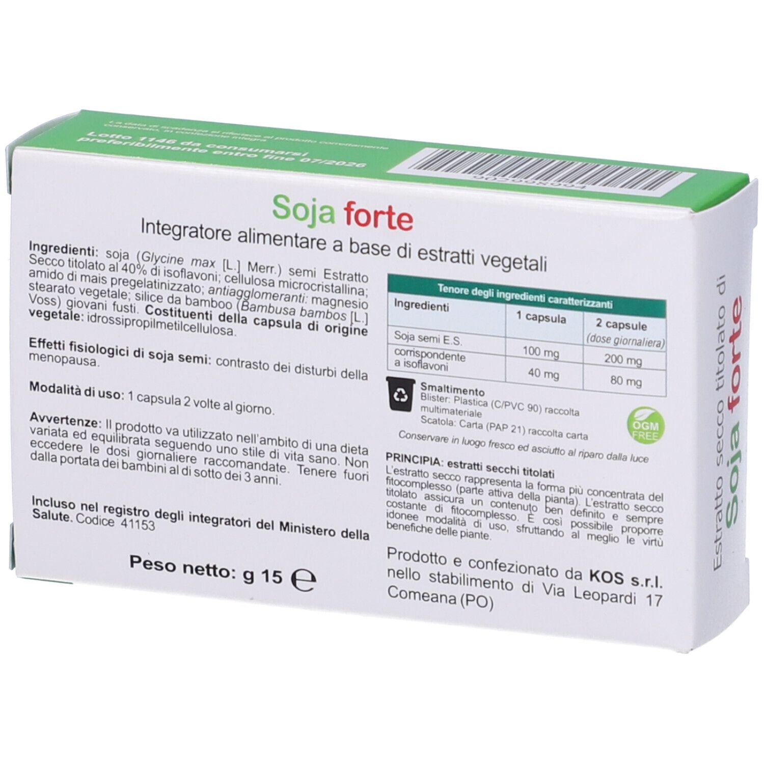 Retro della confezione di capsule KOS Soja Forte. Contiene informazioni sugli ingredienti e il dosaggio. Peso: 15 g.