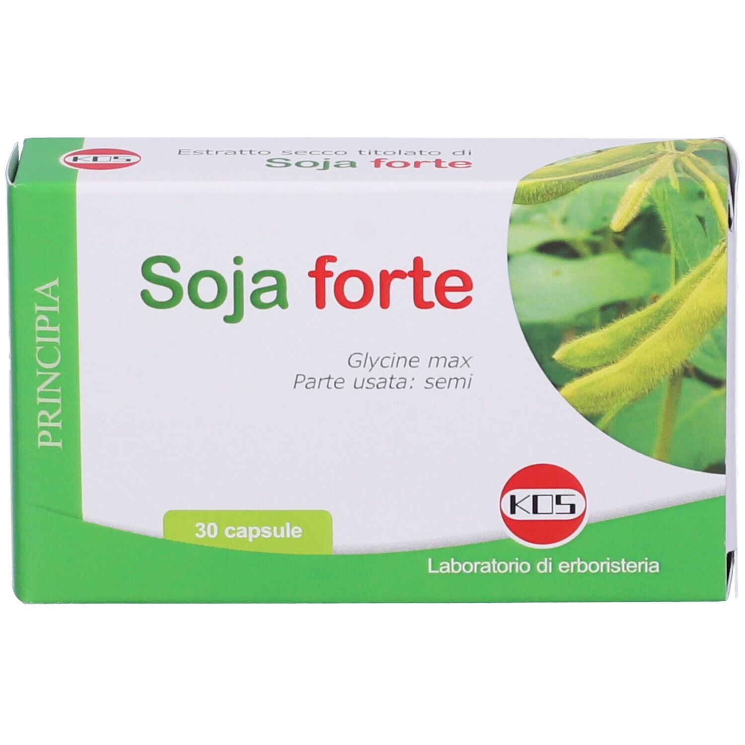 Confezione di capsule KOS Soja Forte. Scatola verde e bianca con nome del prodotto e 30 capsule. Immagine di semi di soia.