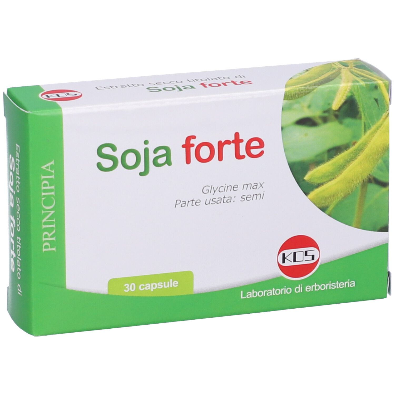 Confezione di capsule KOS Soja Forte. Scatola verde e bianca con nome del prodotto e 30 capsule. Immagine di semi di soia.