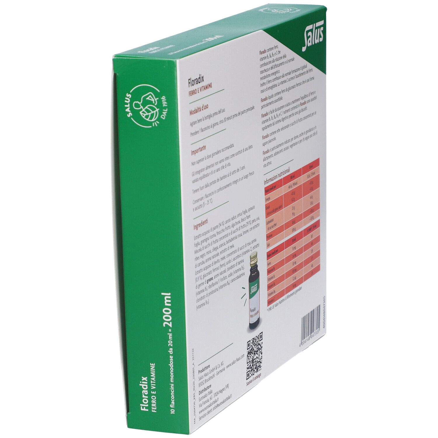 Vista angolata della scatola verde. Logo Salus, scritta Floradix. Testo: Ferro e Vitamine. Tabella nutrizionale e flacone.