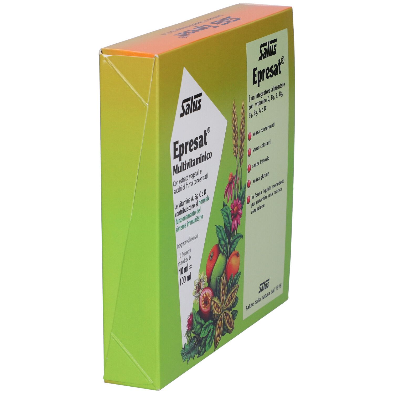 Confezione di Epresat Multivitaminico, angolata. Logo Salus, nome del prodotto e informazioni sulla confezione.
