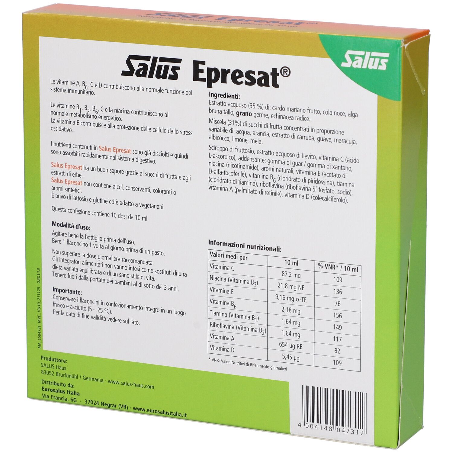 Retro della confezione di Epresat Multivitaminico. Contiene ingredienti, informazioni nutrizionali e altre informazioni.