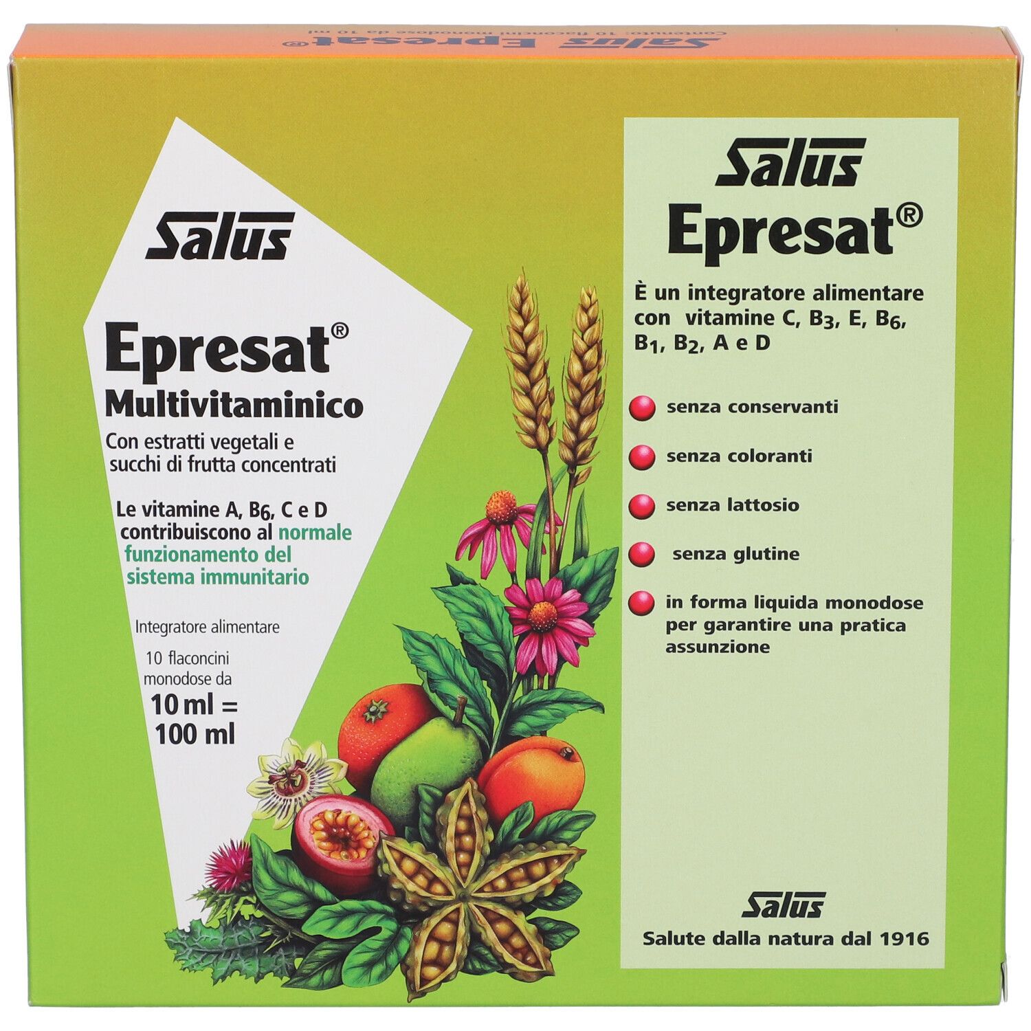 Confezione di Epresat Multivitaminico. Contiene 10 flaconcini da 10 ml. Logo Salus e informazioni sul prodotto.