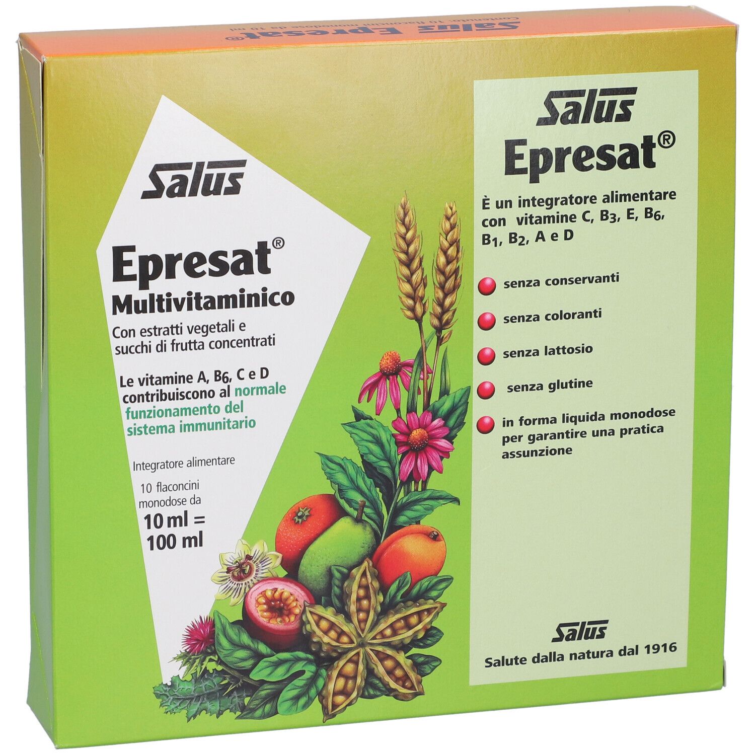 Confezione di Epresat Multivitaminico. Contiene 10 flaconcini da 10 ml. Logo Salus e informazioni sul prodotto.