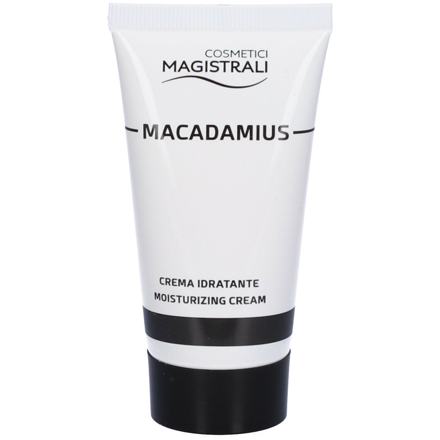 Tubo bianco con tappo nero. Scritta: Cosmetici Magistrali, MACADAMIUS, Creme idratante, Moisturizing Cream.