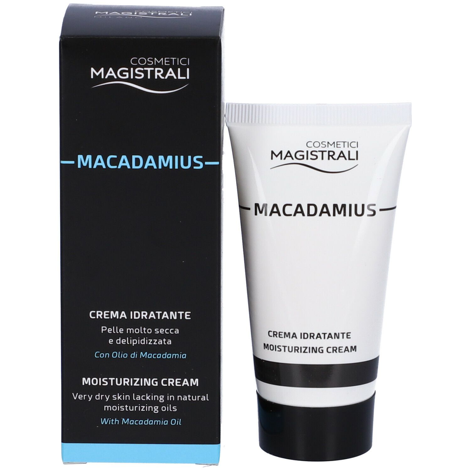 Confezione e tubo. Scatola nera con tubo bianco. Scritta: MACADAMIUS, Creme idratante, Moisturizing Cream.