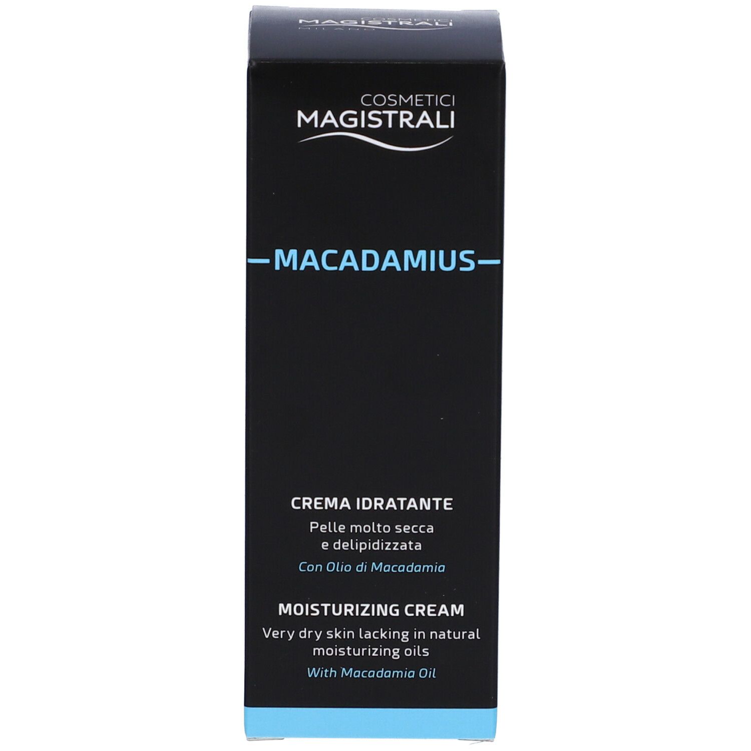 Confezione nera. Scritta: Cosmetici Magistrali, MACADAMIUS, Creme idratante, Moisturizing Cream. Testo in italiano e inglese.