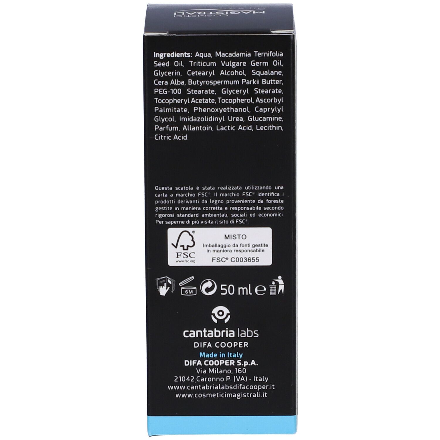 Retro della confezione. Ingredienti, certificazione FSC, 50 ml, cantabria labs, Made in Italy.