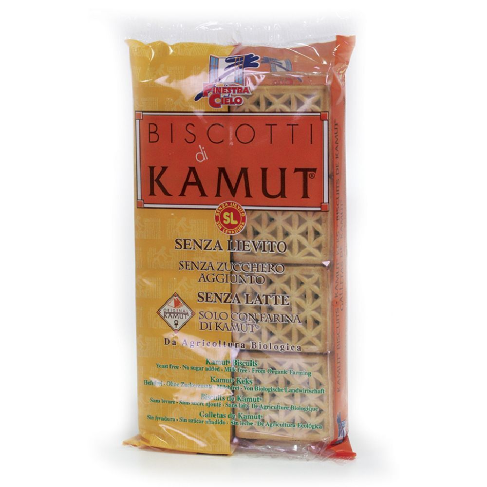 Confezione di biscotti di Kamut senza lievito. Scritte: Biscotti di Kamut Senza Lievito, senza zucchero, senza latte. Marchio bio.