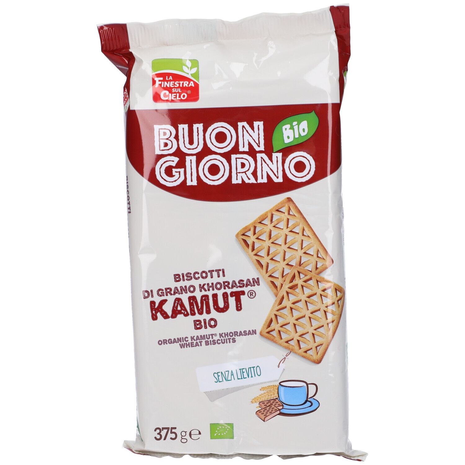 Confezione di biscotti Kamut. Scritte: Buon Giorno Bio, Biscotti di grano khorasan Kamut. 375g. Marchio bio.