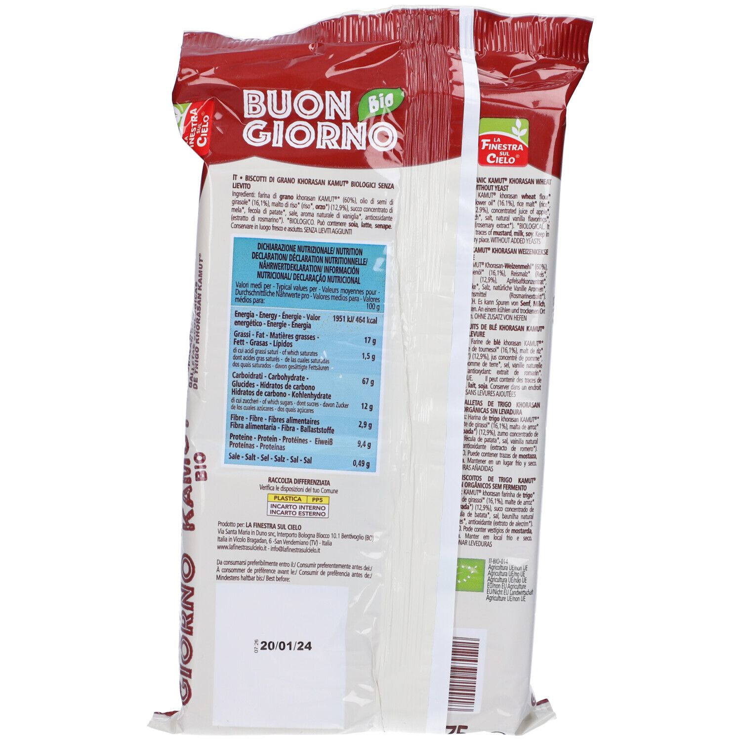 Retro della confezione di biscotti Kamut. Contiene informazioni nutrizionali e marchio bio. Scadenza: 20/01/24.