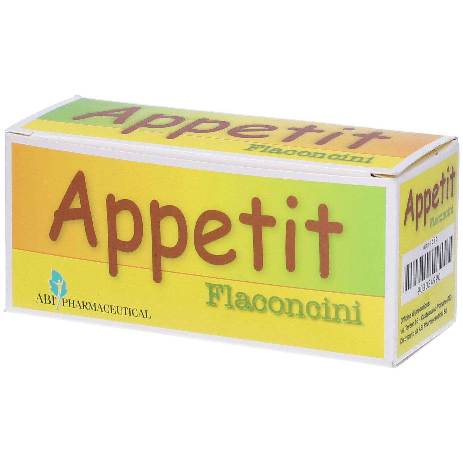 Scatola "Appetit Flaconcini". Logo ABI Pharmaceutical. Giallo, verde e bianco.