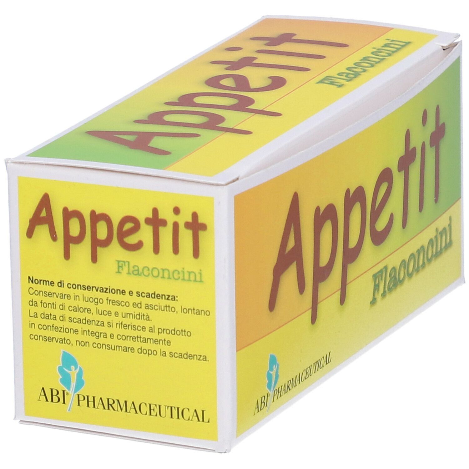 Scatola "Appetit Flaconcini". Testo e logo ABI Pharmaceutical. Giallo, verde e bianco.