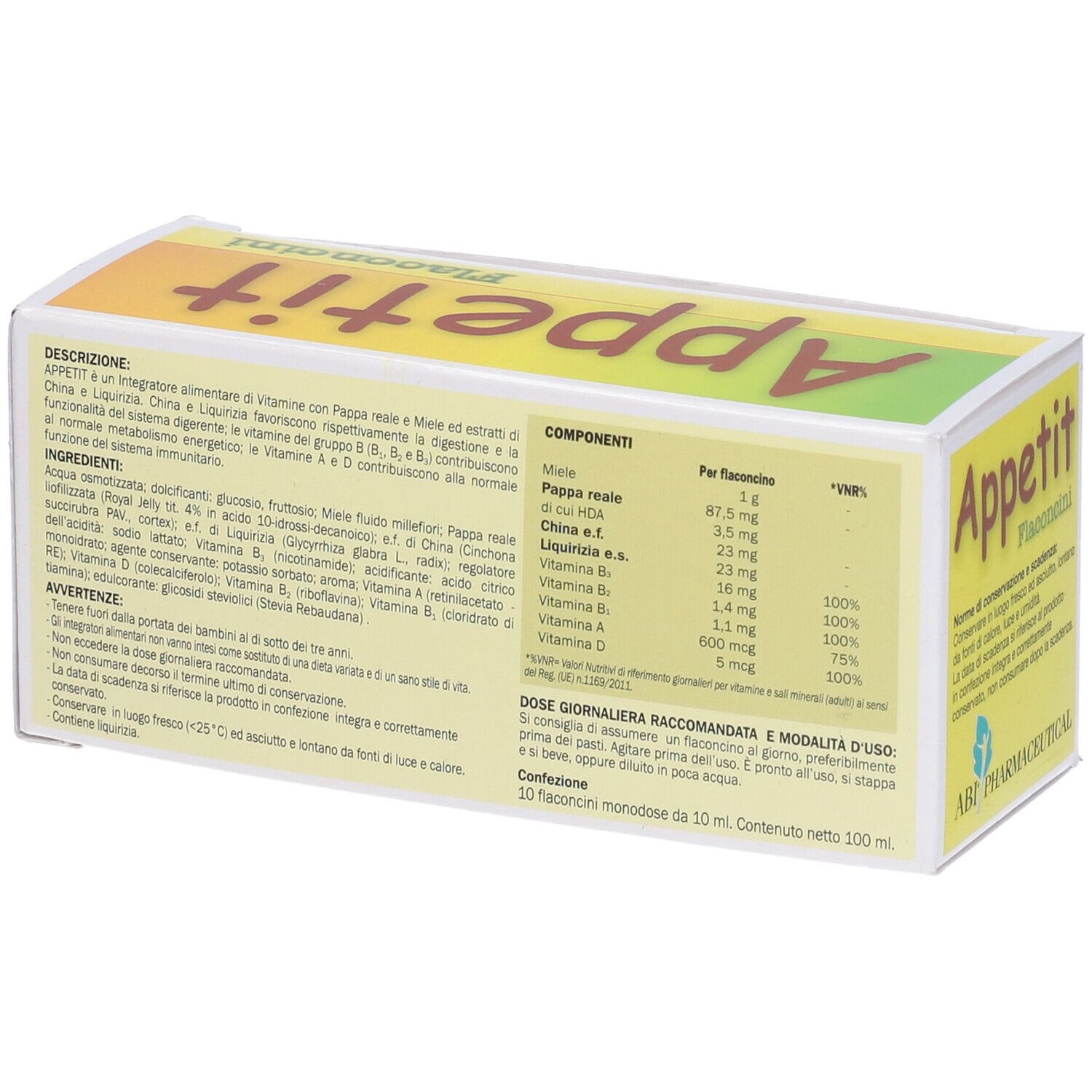 Scatola "Appetit Flaconcini". Testo, ingredienti e logo ABI Pharmaceutical. Giallo, verde e bianco.