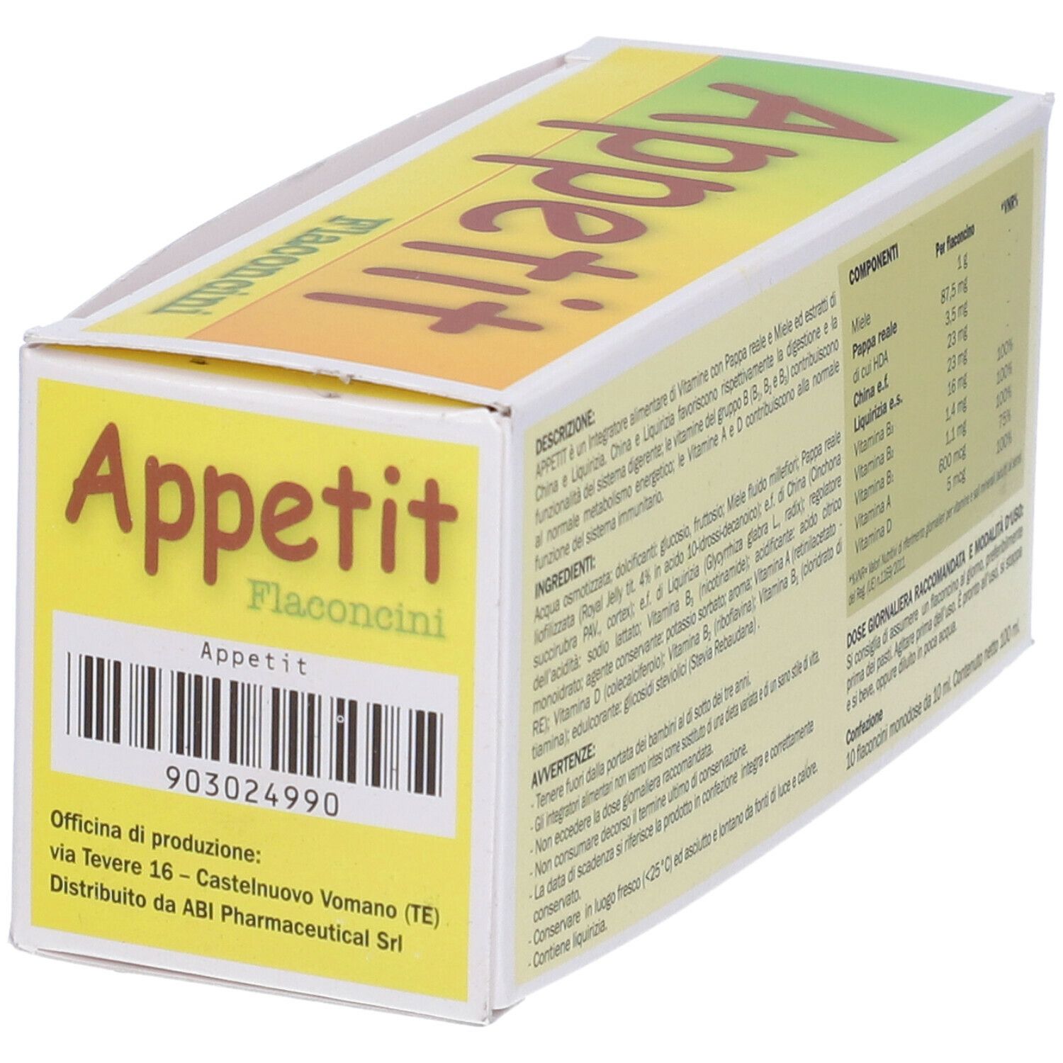Scatola "Appetit Flaconcini". Testo, codice a barre e logo ABI Pharmaceutical. Giallo, verde e bianco.
