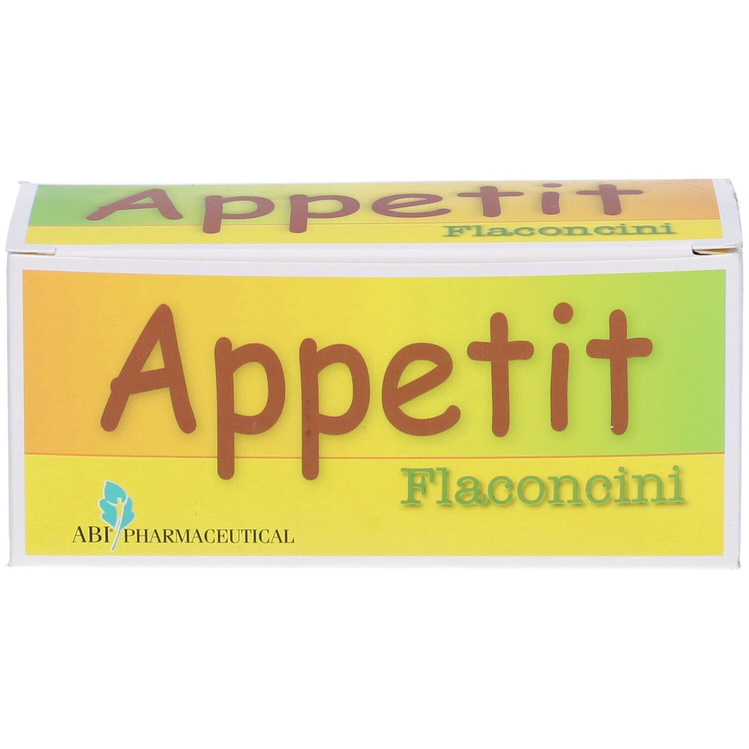 Scatola "Appetit Flaconcini". Logo ABI Pharmaceutical. Giallo, verde e bianco.