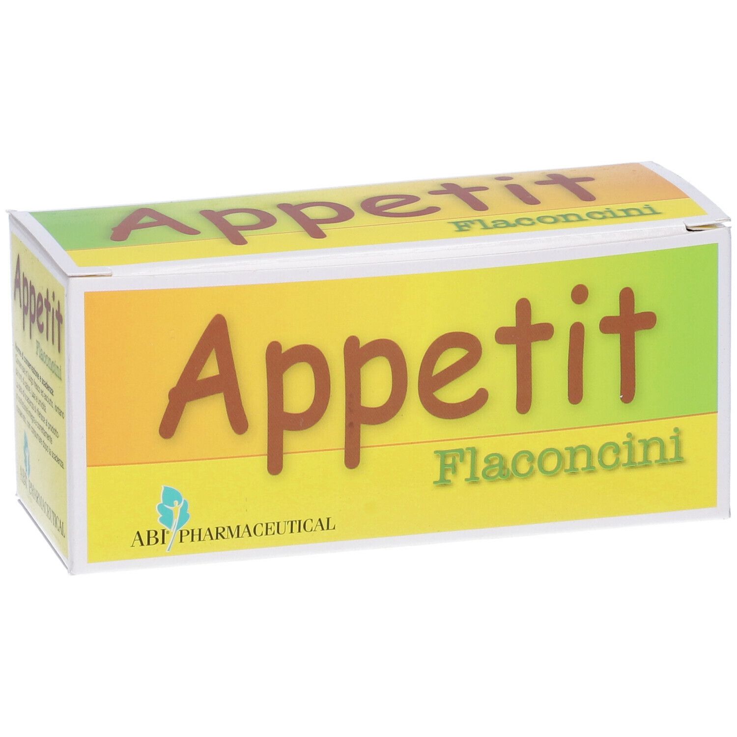 Scatola "Appetit Flaconcini". Logo ABI Pharmaceutical. Giallo, verde e bianco.